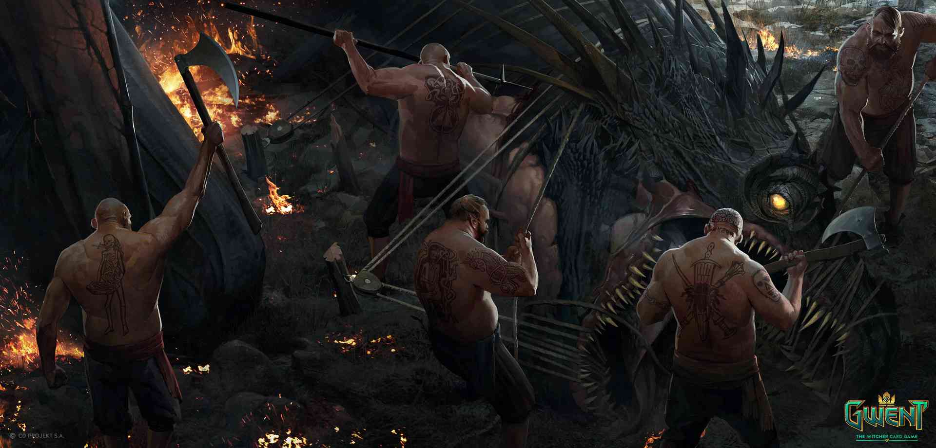 Shirtless tattooed men of the Northern Realms pin down a drake with their iron axes in art created by Bartlomiejj Gawel for the card Crinfrid Reavers Dragon Hunter in Gwent