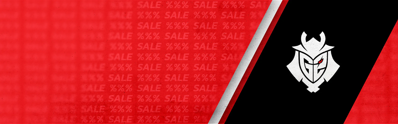 The G2 logo appears in white across a strip of black, on a red background with the word "sale" and percentage signs repeated across