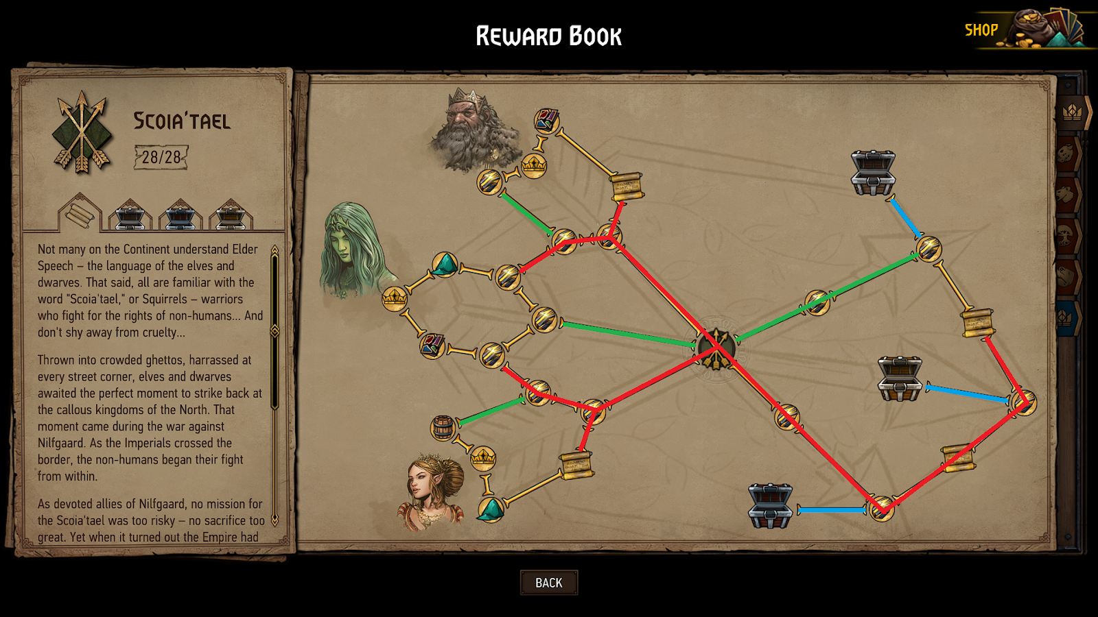 The different routes are shown in red, blue and green on the reward tree for the Scoia'tael