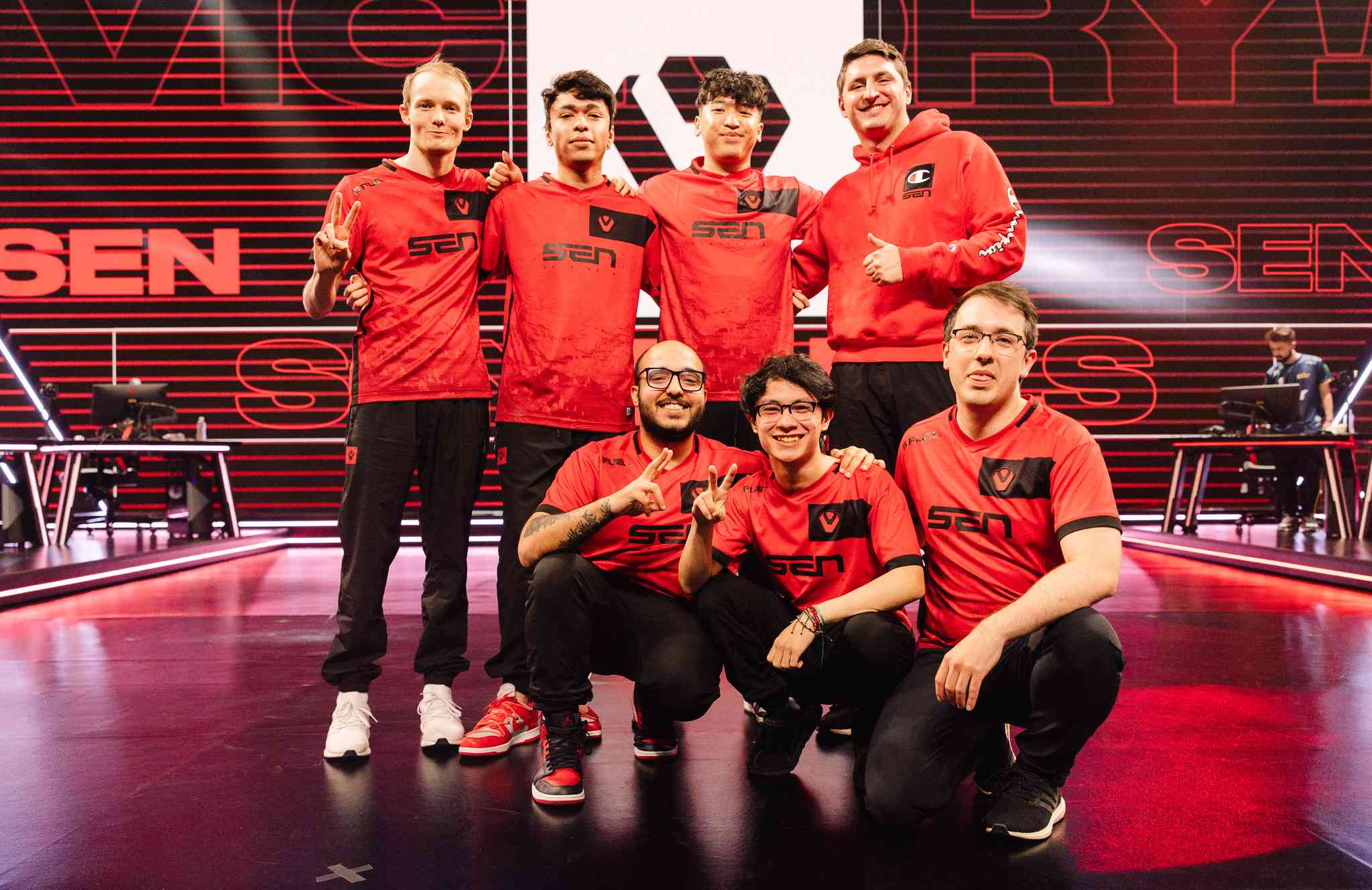 Sentinels pose for a picture after defeating MIBR during the 2023 VCT Americas League season (Image via Colin Young-Wolff/Riot Games)