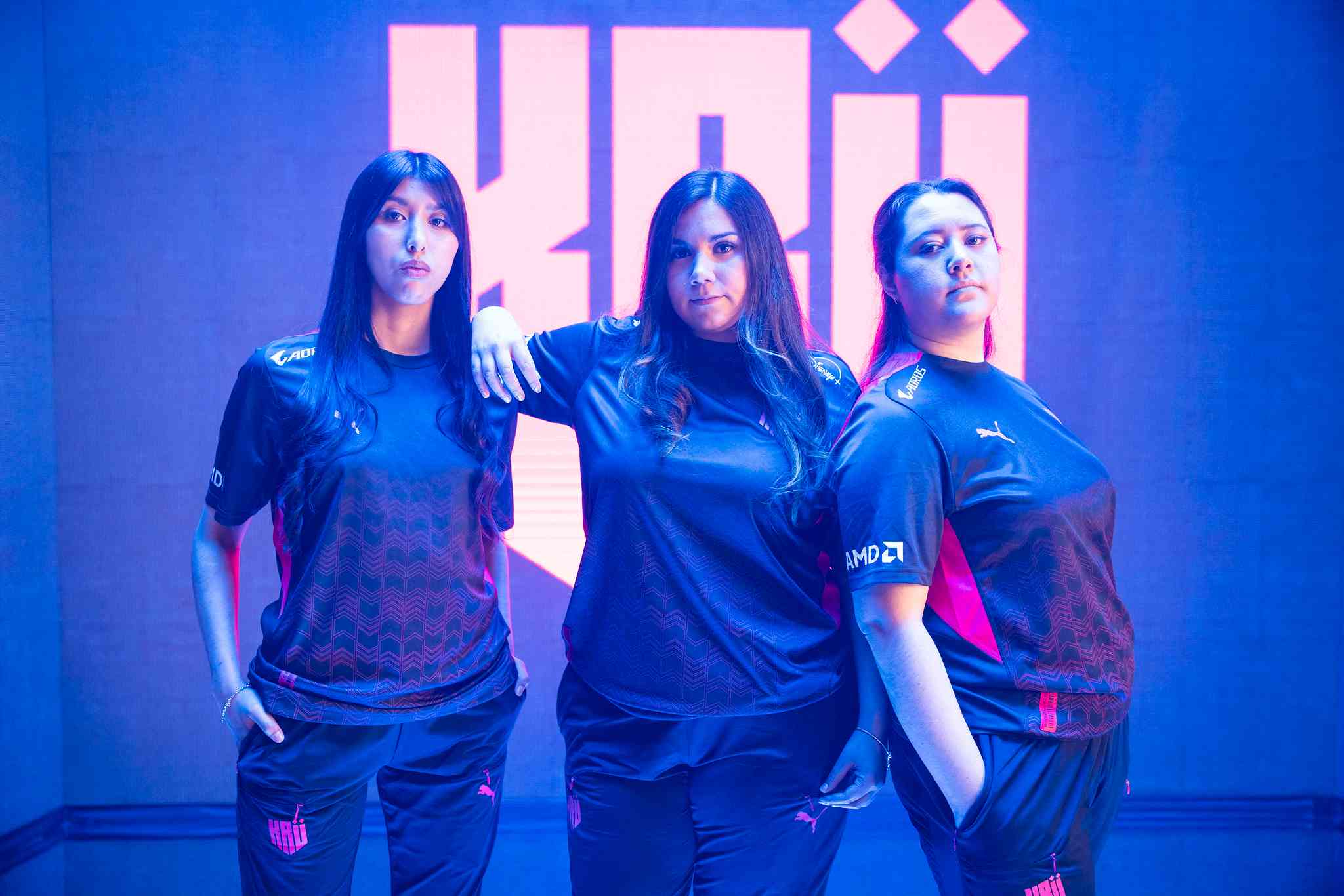 Kalita, consu, and Conir of KRÜ Female poses during a photo shoot before the 2022 GC Championship 