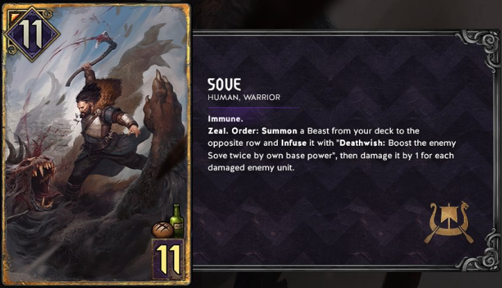The warrior Sove raises his axe high above his head, ready to bring it down upon the face of a giant feline monster in the art for Skellige's new cards