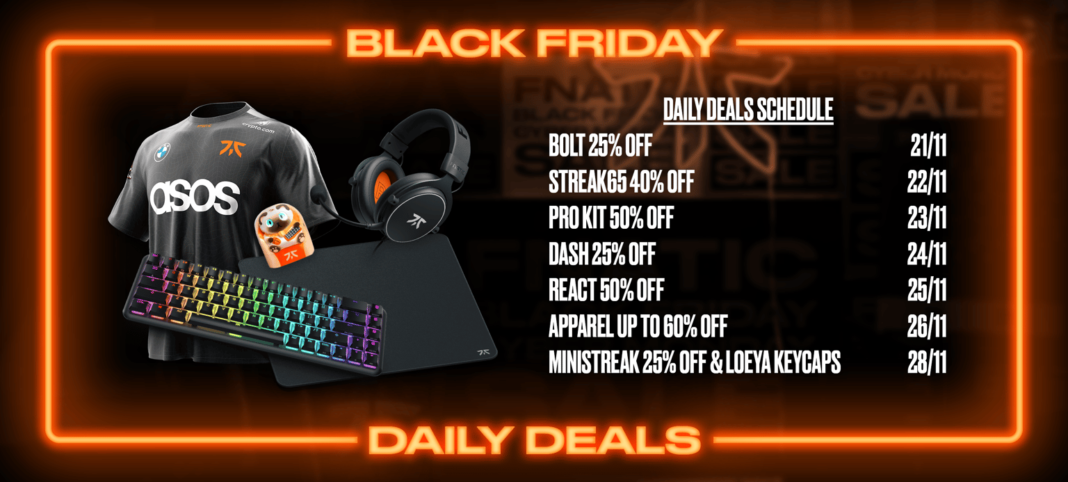 Fnatic's Black Friday offering including daily deals on apparel, keycaps and more