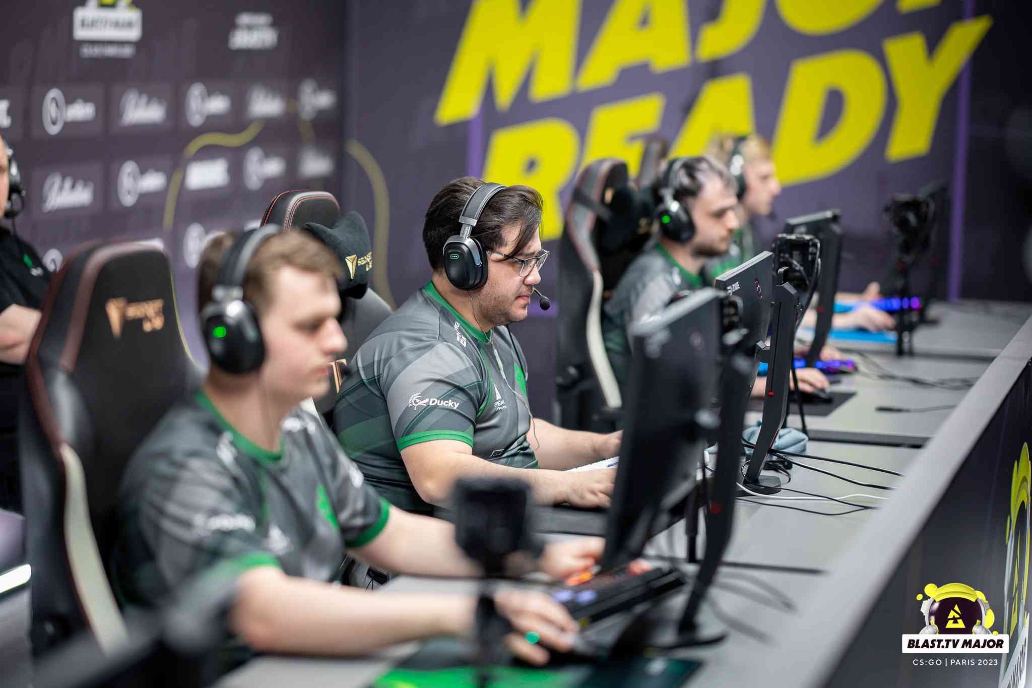 AZR on stage with the rest of the Sprout squad, getting ready for a live game at the BLAST.tv Paris Major 2023: European RMR A