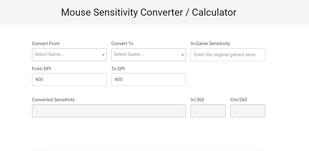 A screen cap of Gaming Smart's Mouse Sensitivity Converter/Calculator
