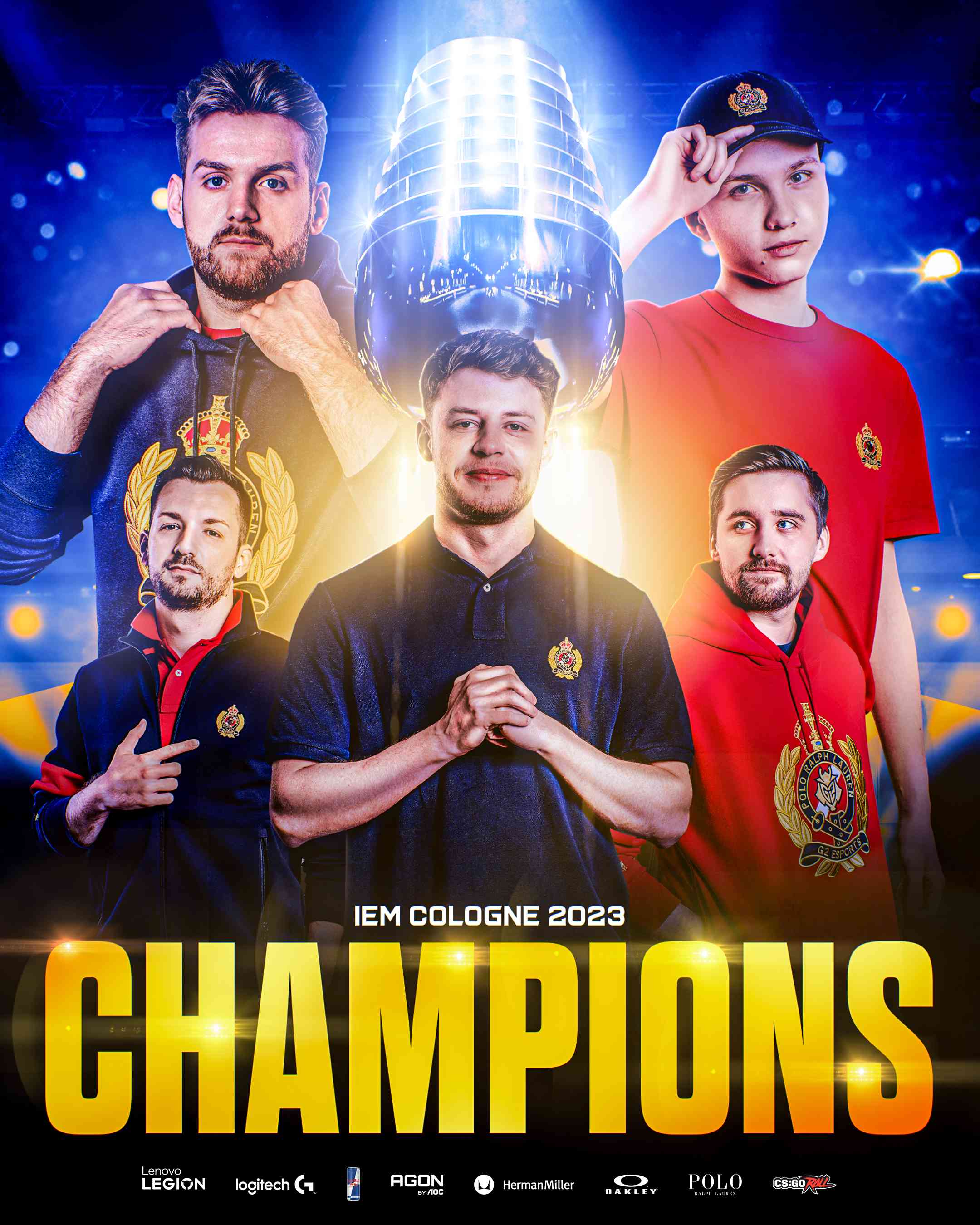 The roster for G2 appear in their team jerseys above the words "IEM Cologne 2023 Champions"