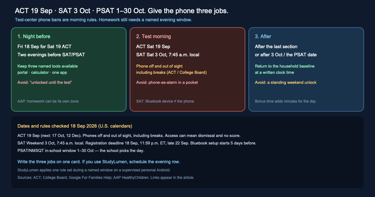 Three-panel exam phone plan for the night before, test morning, and after the ACT, SAT, or PSAT