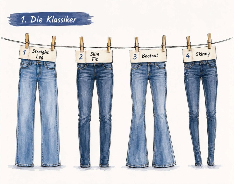 Mode-Illustration von vier klassischen Jeans, die an einer Wäscheleine hängen
