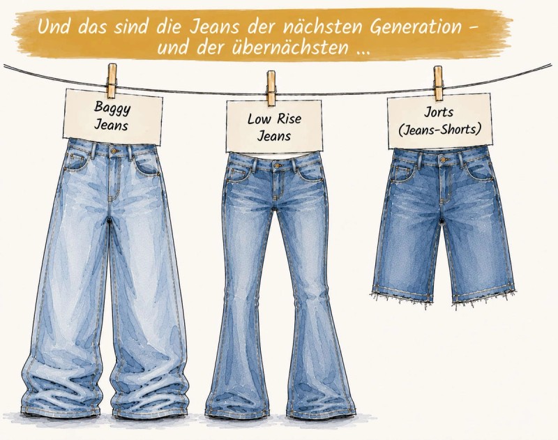 Mode-Illustration von drei jugendlichen Jeans, die an einer Wäscheleine hängen