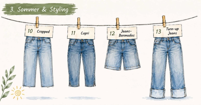 Mode-Illustration von vier sommerlichen Jeans, die an einer Wäscheleine hängen