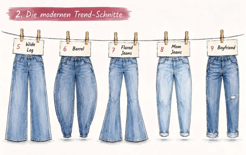 Mode-Illustration von fünf trendigen Jeans, die an einer Wäscheleine hängen