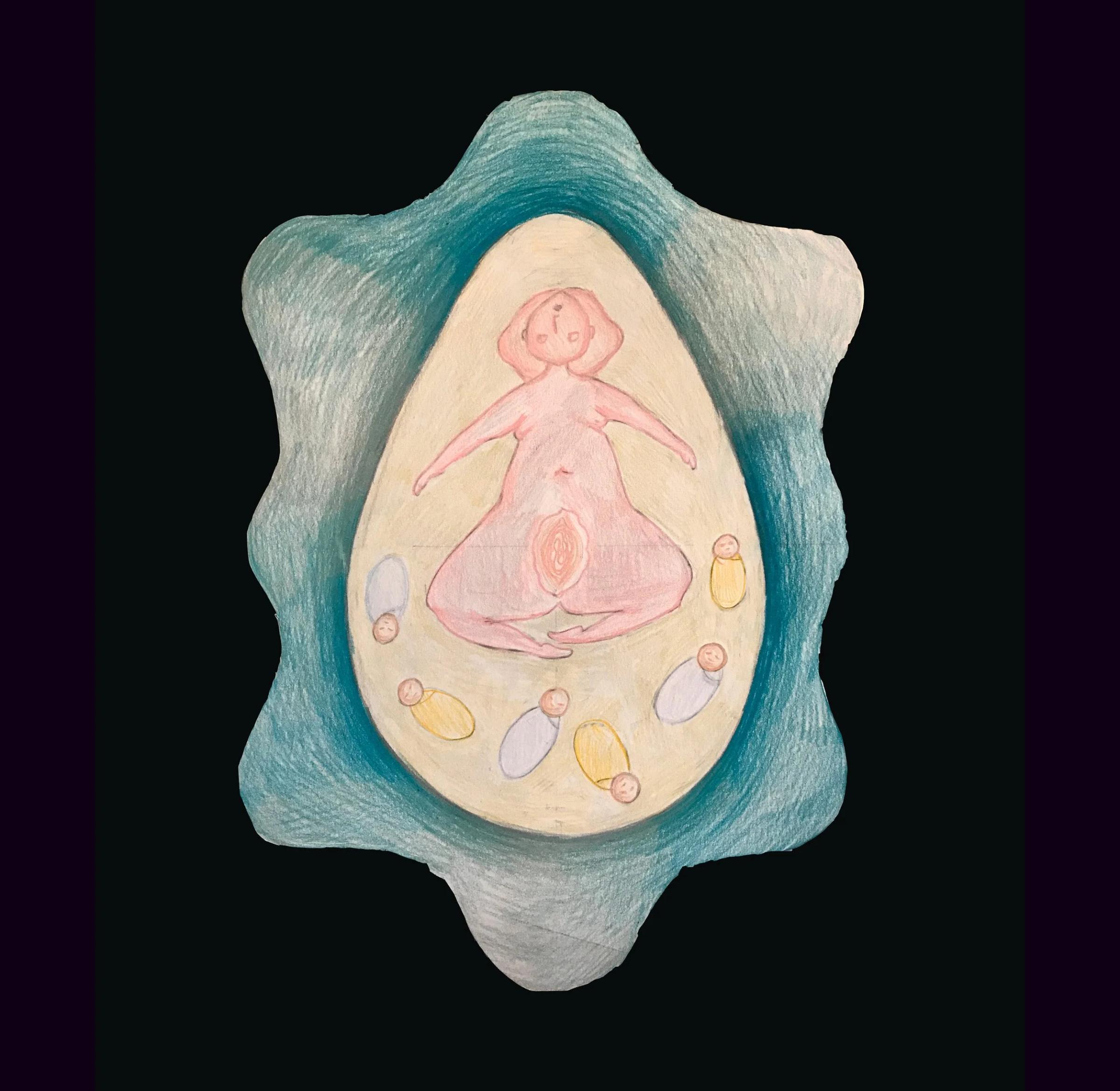 "ritual keepsake'", 11x11", colored pencil, rhinestone, and acrylic paint on paper and wood panel