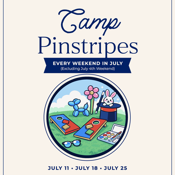 Cream-background graphic for Camp Pinstripes with summer camp activity illustrations and dates for July 11, 18, and 25