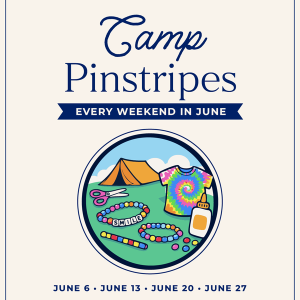 Cream-background graphic for Camp Pinstripes with summer camp activity icons and event dates for weekends in June