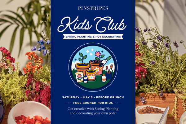 Cobalt blue graphic for Kids Club spring planting and pot decorating with pot and painting supplies illustrations, plus event details for Saturday, May 9
