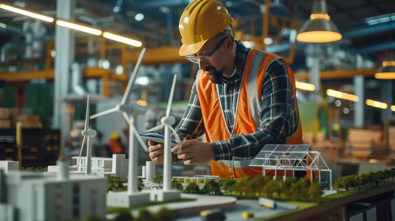 In a factory engineers work on models of turbines and solar panels collaborating on a clean energy