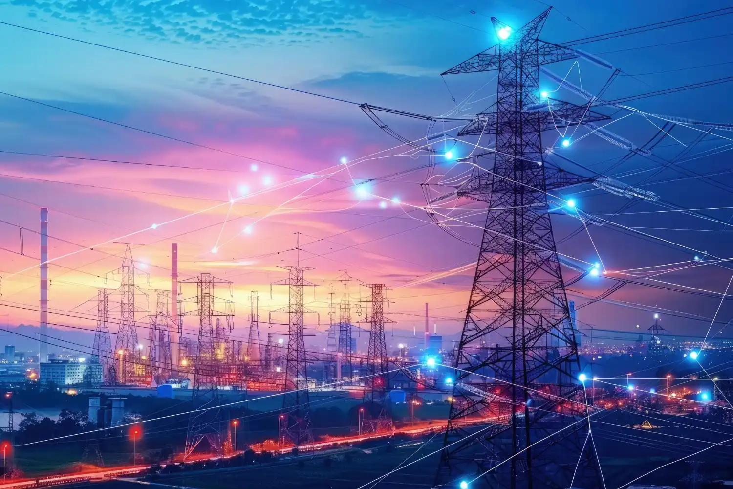A high voltage power line with many wires above it