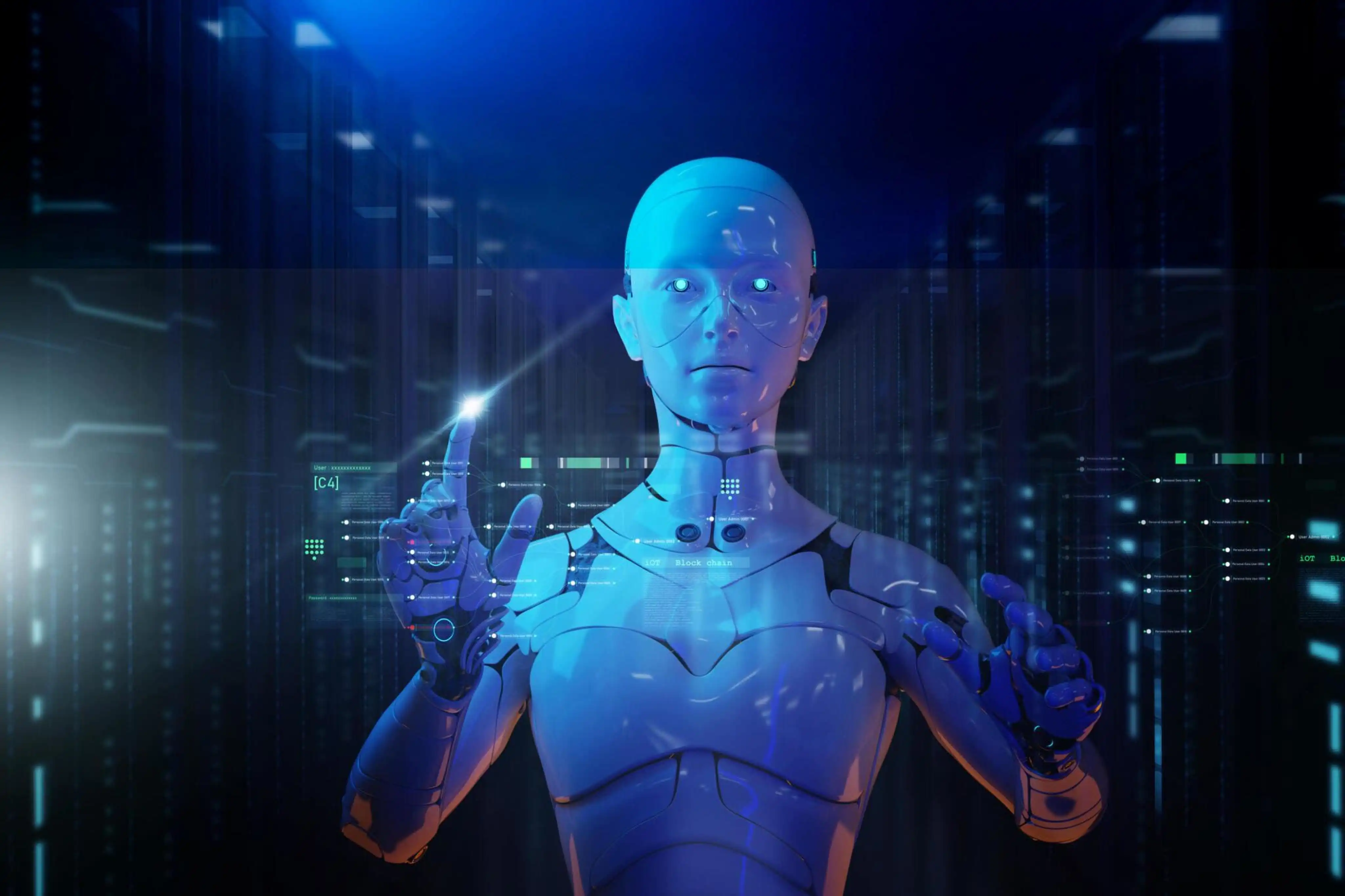 Robot analyzing data on virtual interface