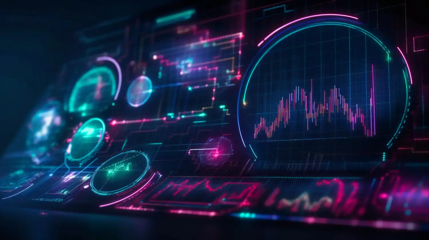 The glowing red colored indicators and graphs