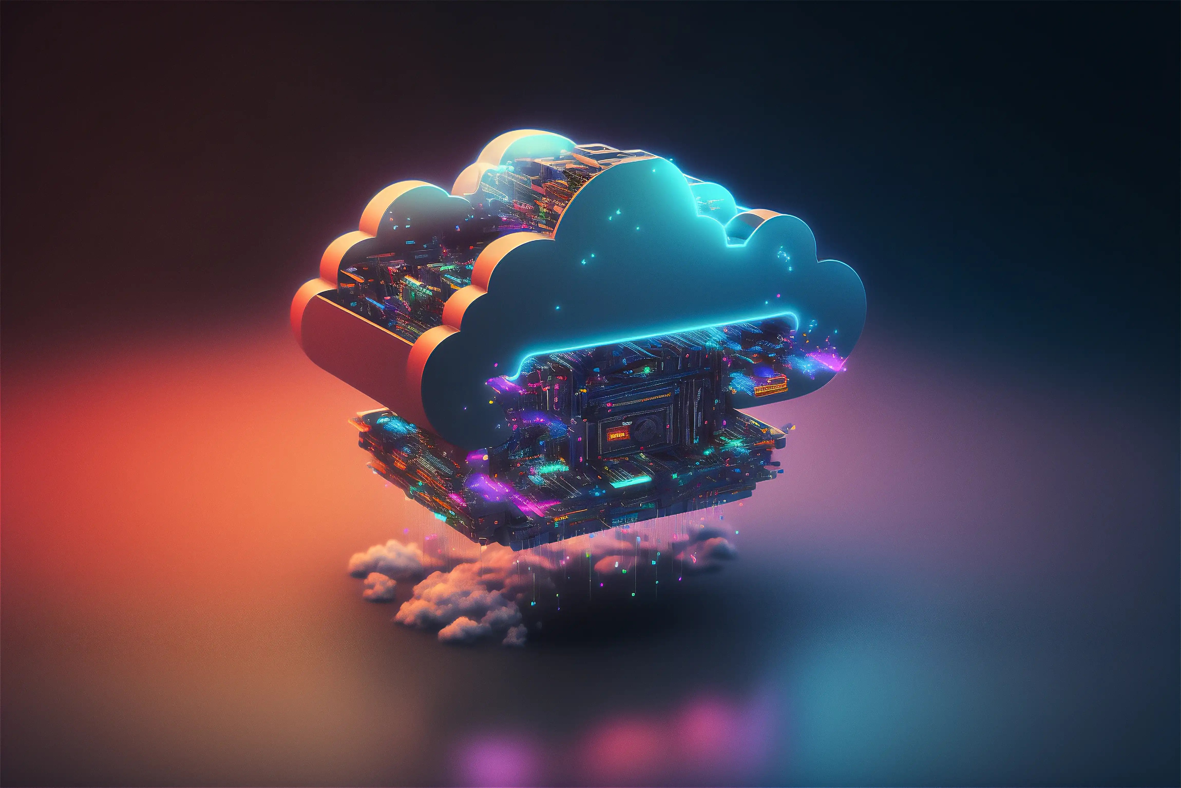 robot touching cloud and tech icons hologram