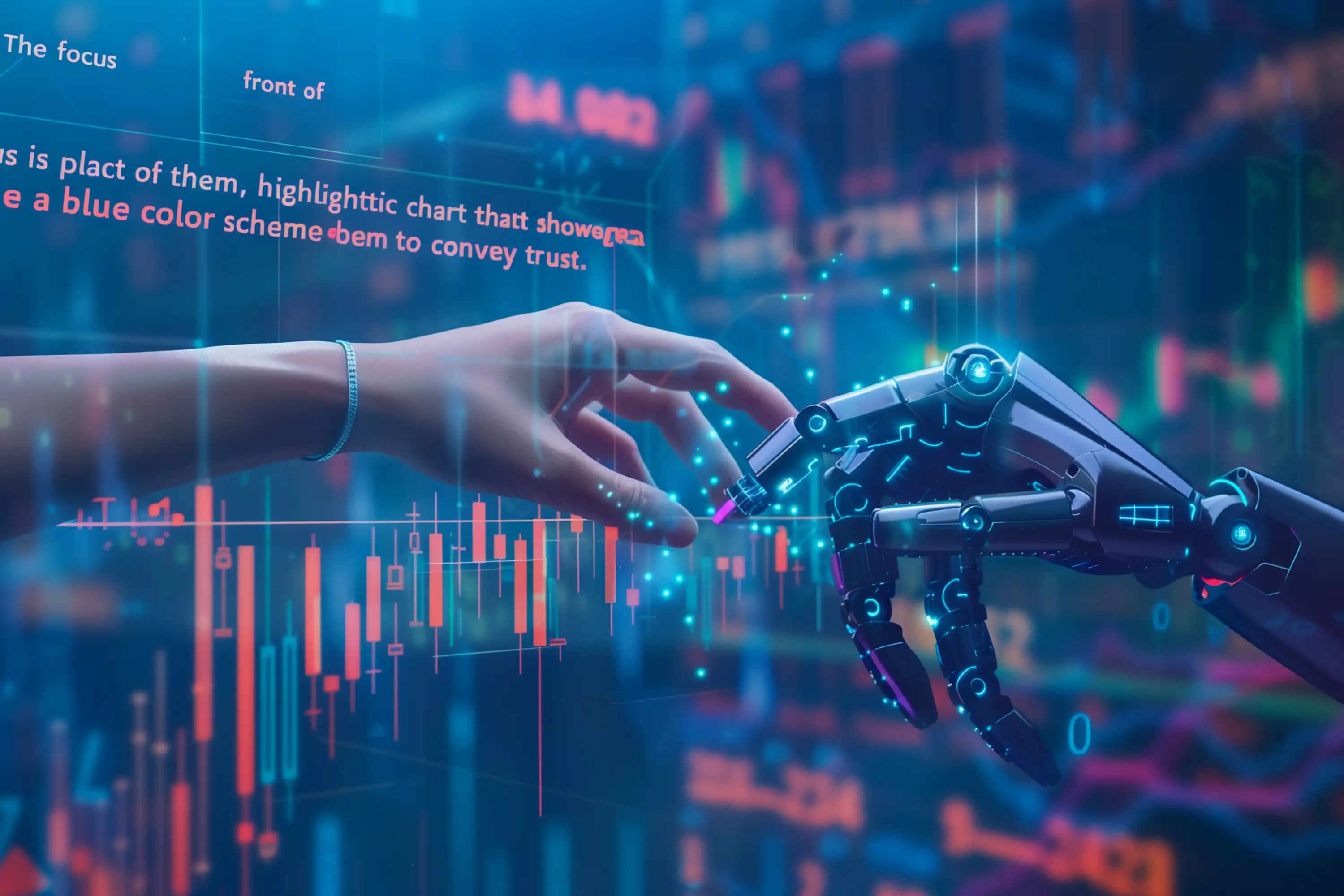 human and robot hand touching with data in background