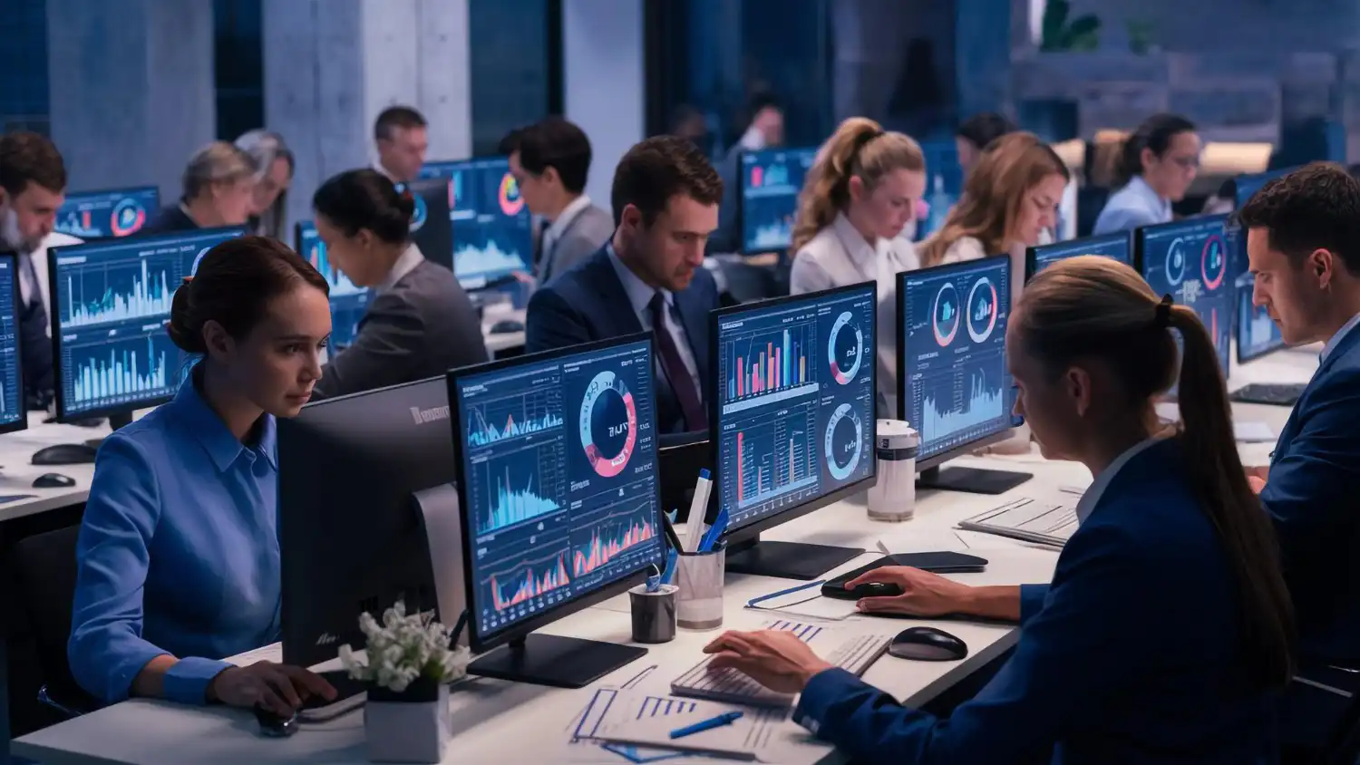 A group of people are sitting at a computer with the word power on the screen