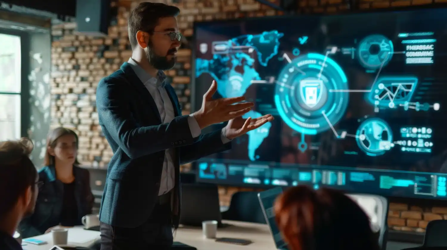 Businessman presenting on futuristic screen