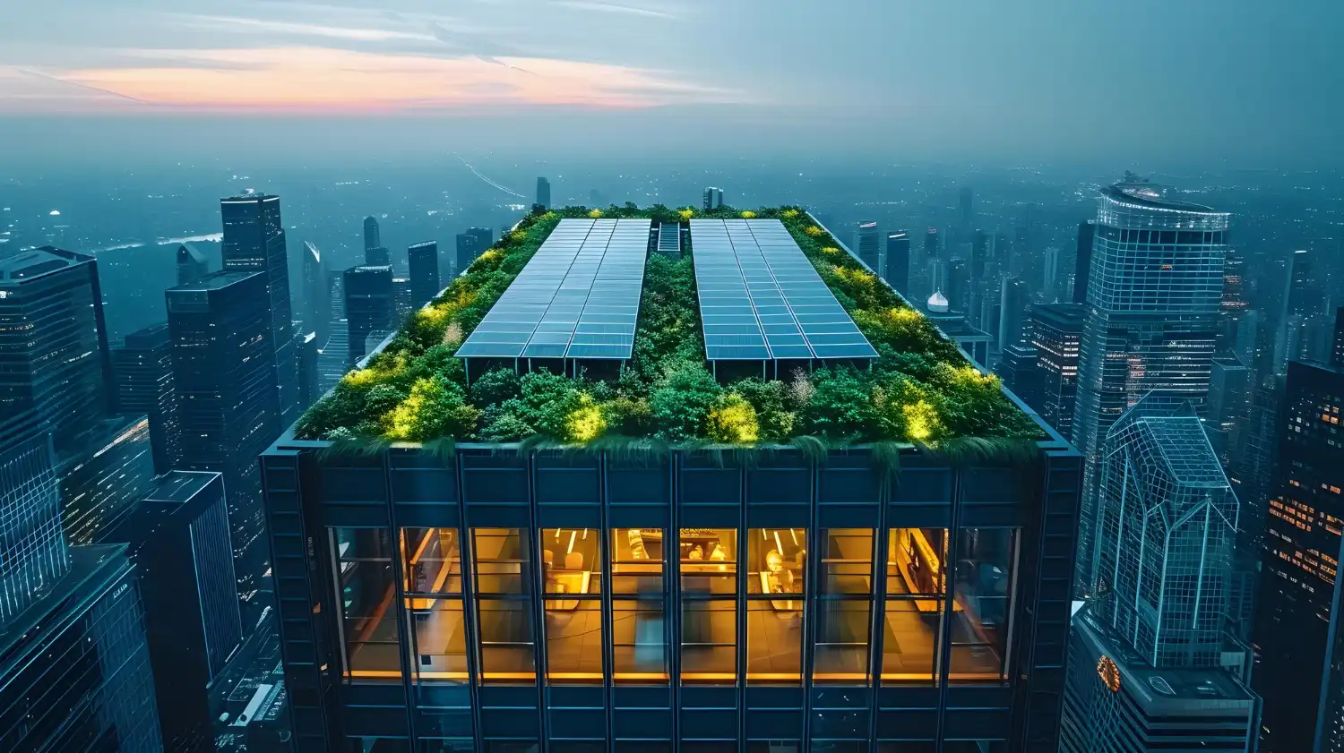Solar panels being installed on office buildings