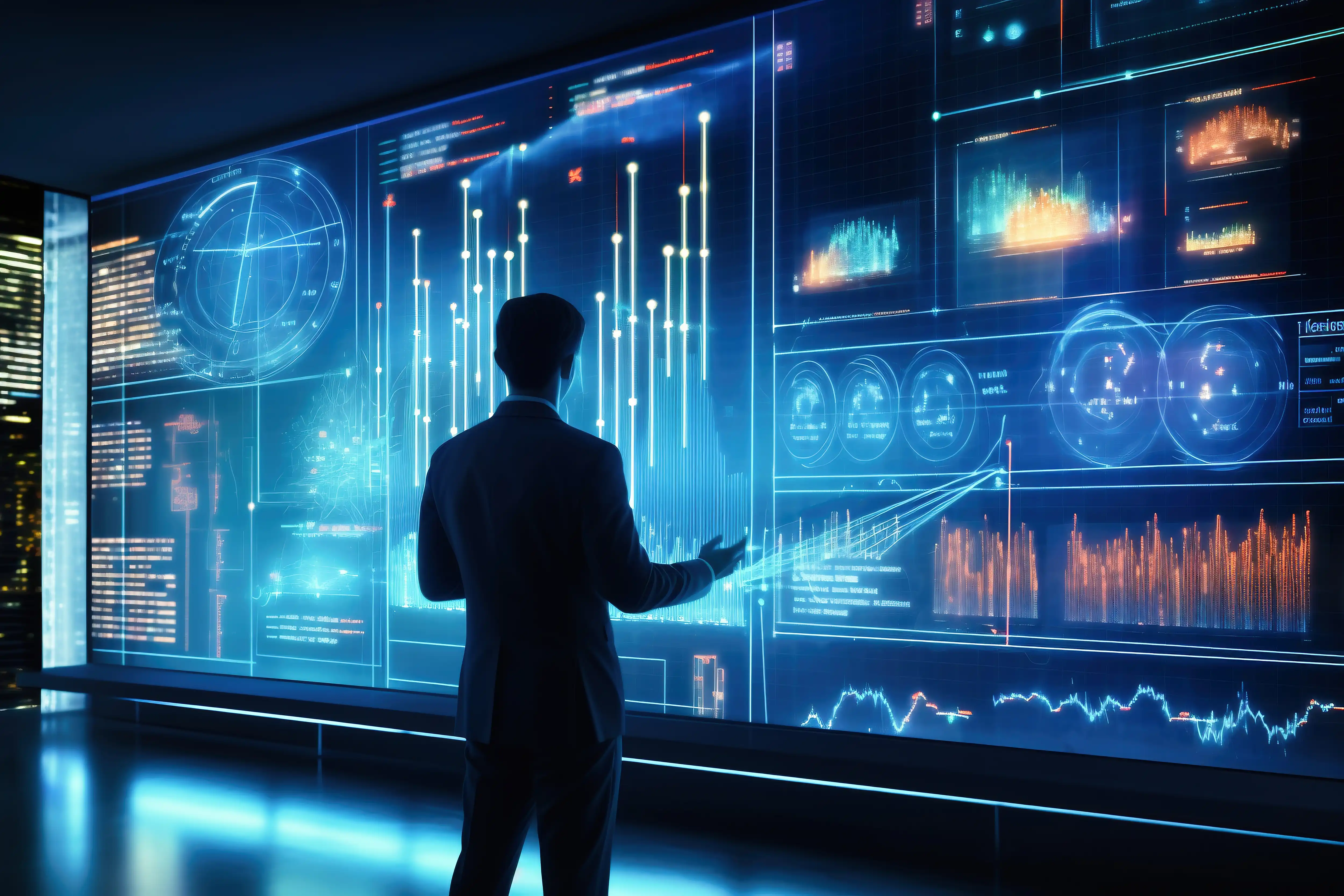 business man standing in front of screen of data