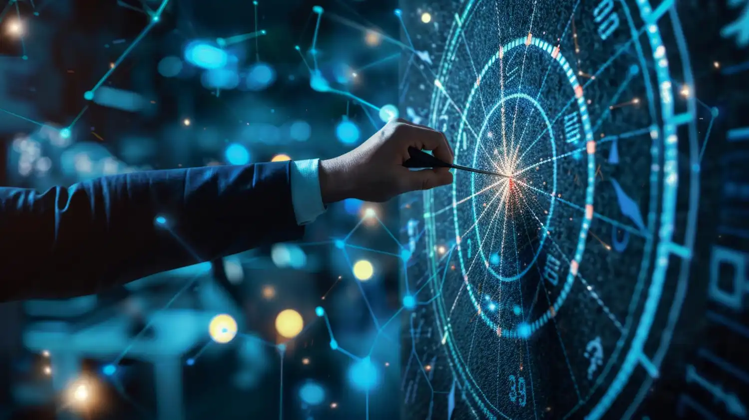 Digital composite of Hand pointing at target against blue background