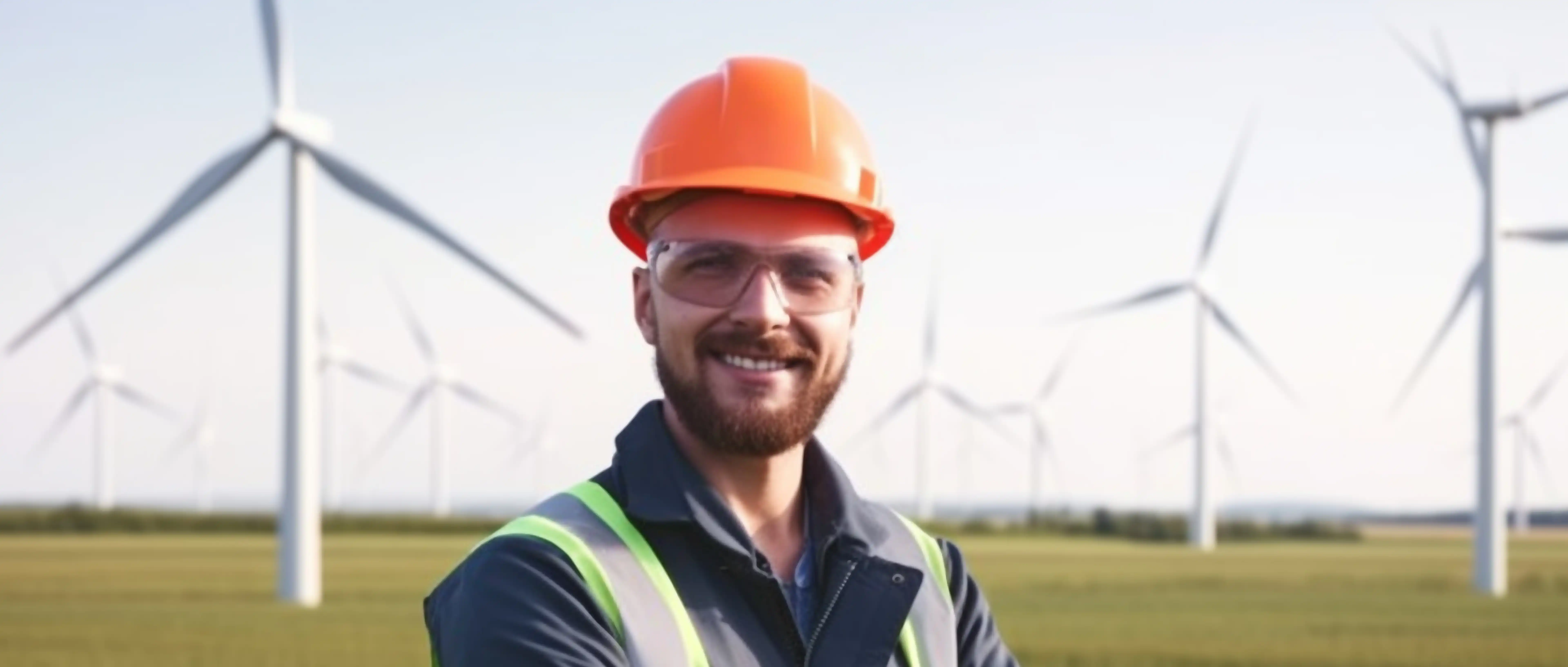 energy and utilities worker standing by wind turbine and smiling at camera