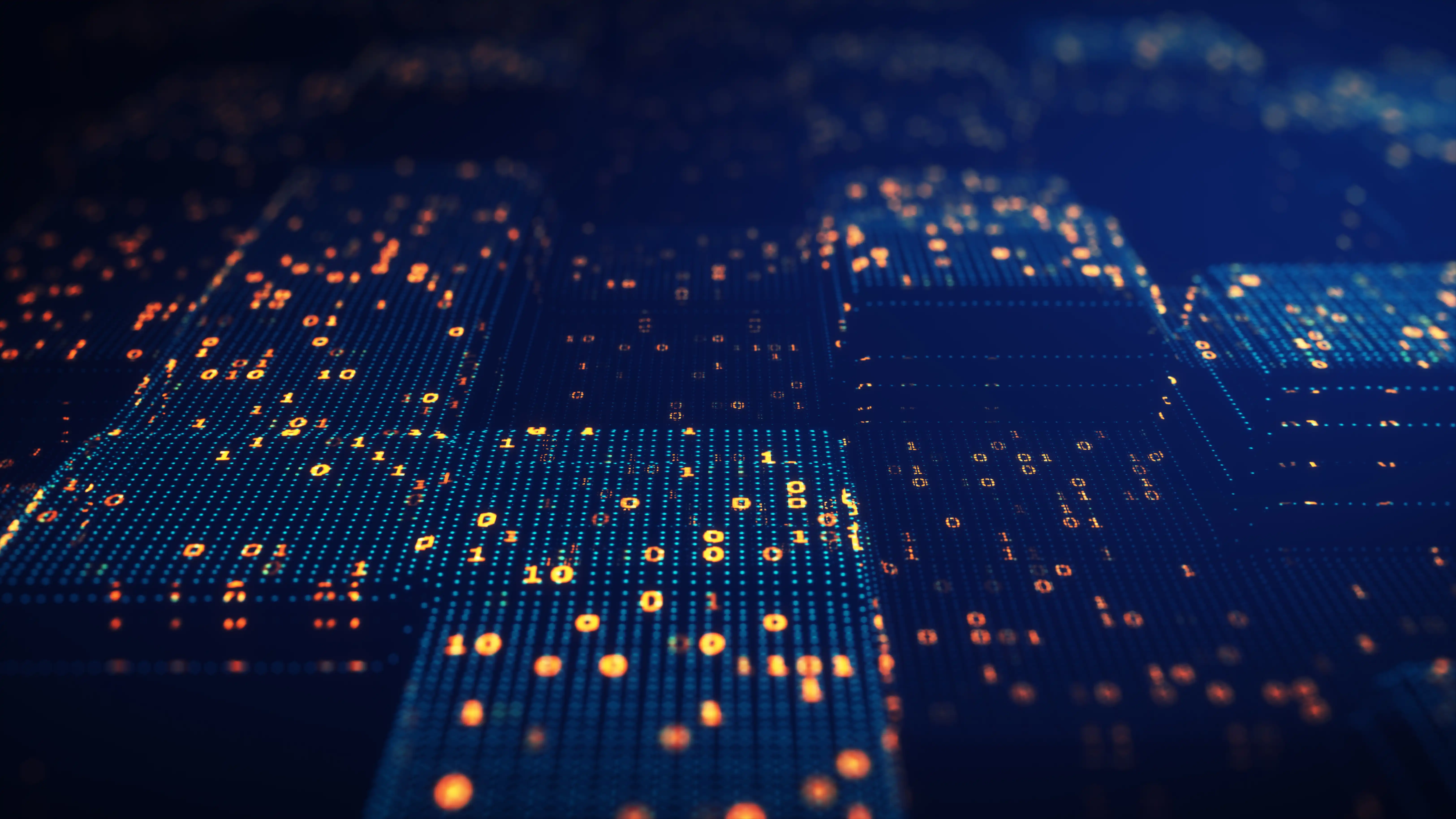 Block chain concept. Big data binary code futuristic information technology, data flow. Transferring of big data. interconnected blocks of data depicting a cryptocurrency blockchain . 3D Rendering.