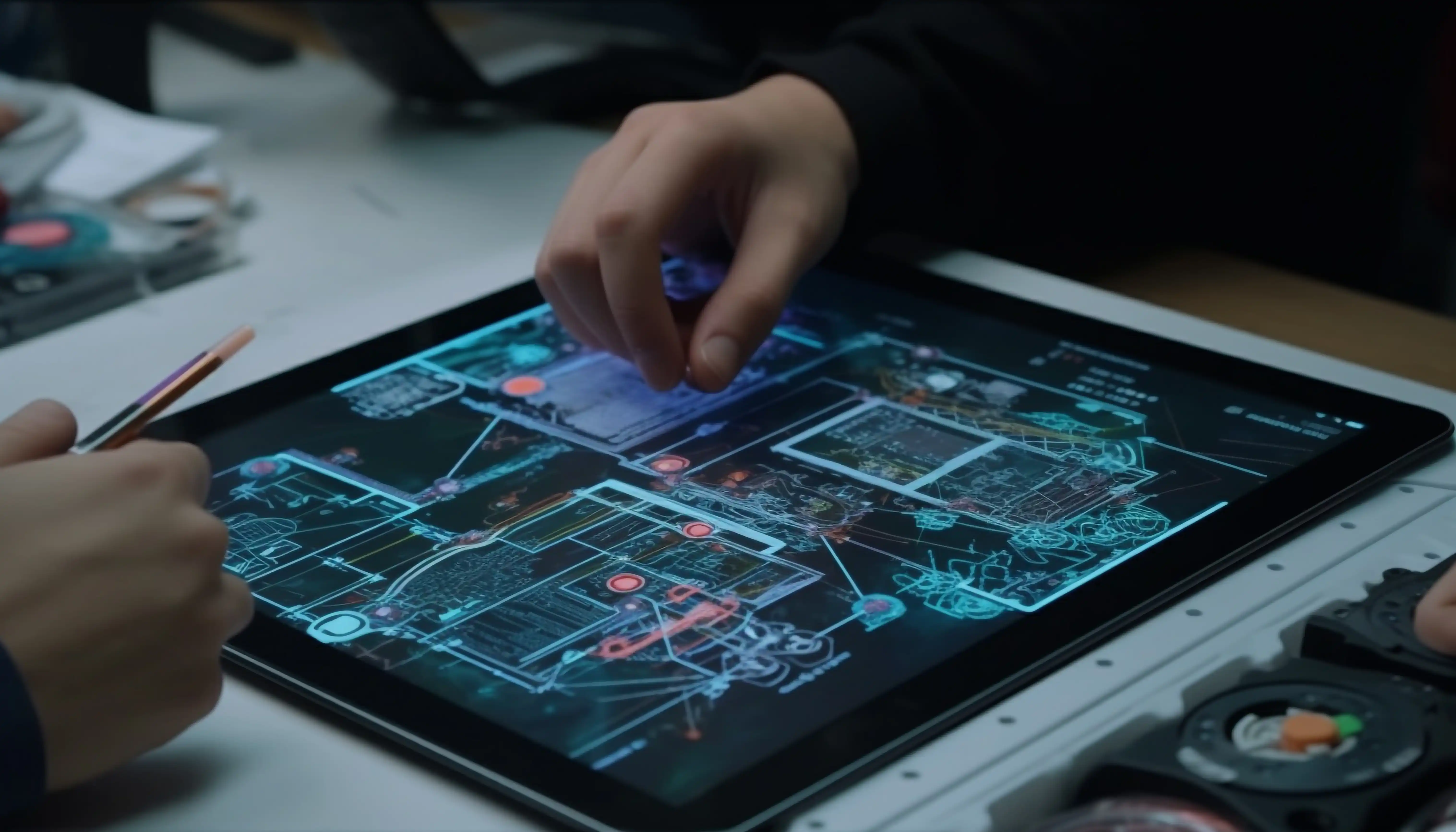 Two people working on designs on the tablet
