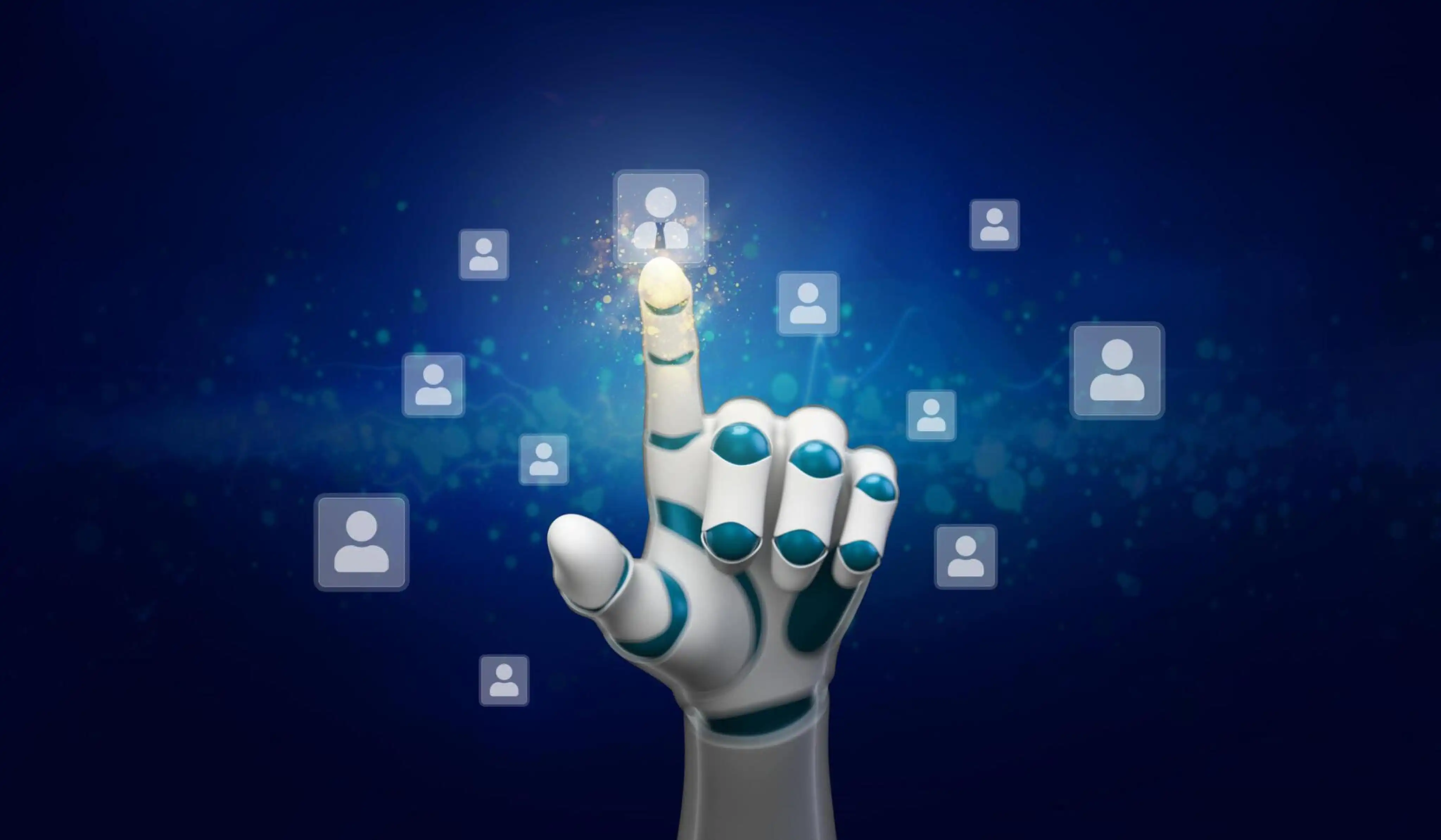 A robot hand and virtual profile icons