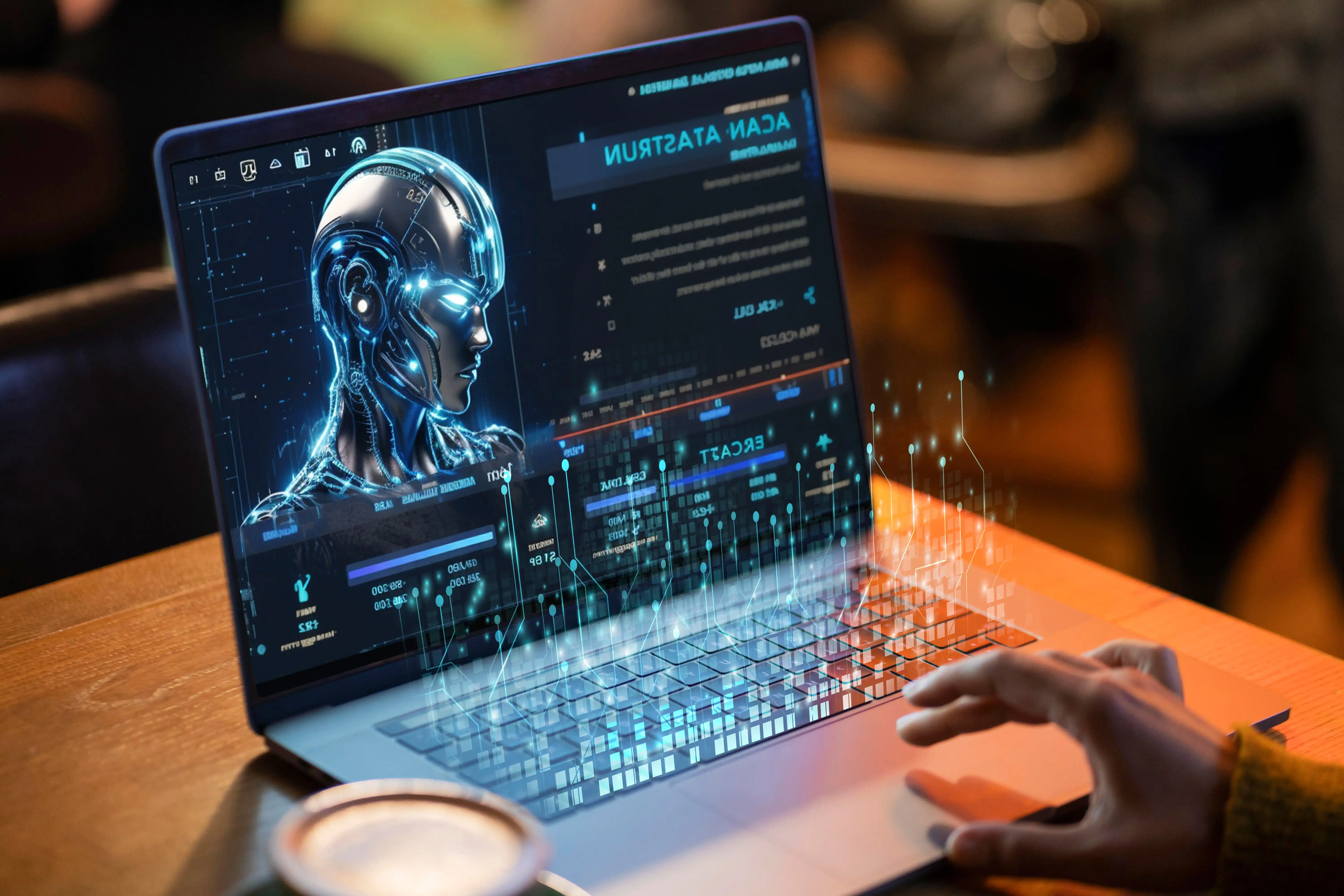 individual using laptop with ai graphics on screen