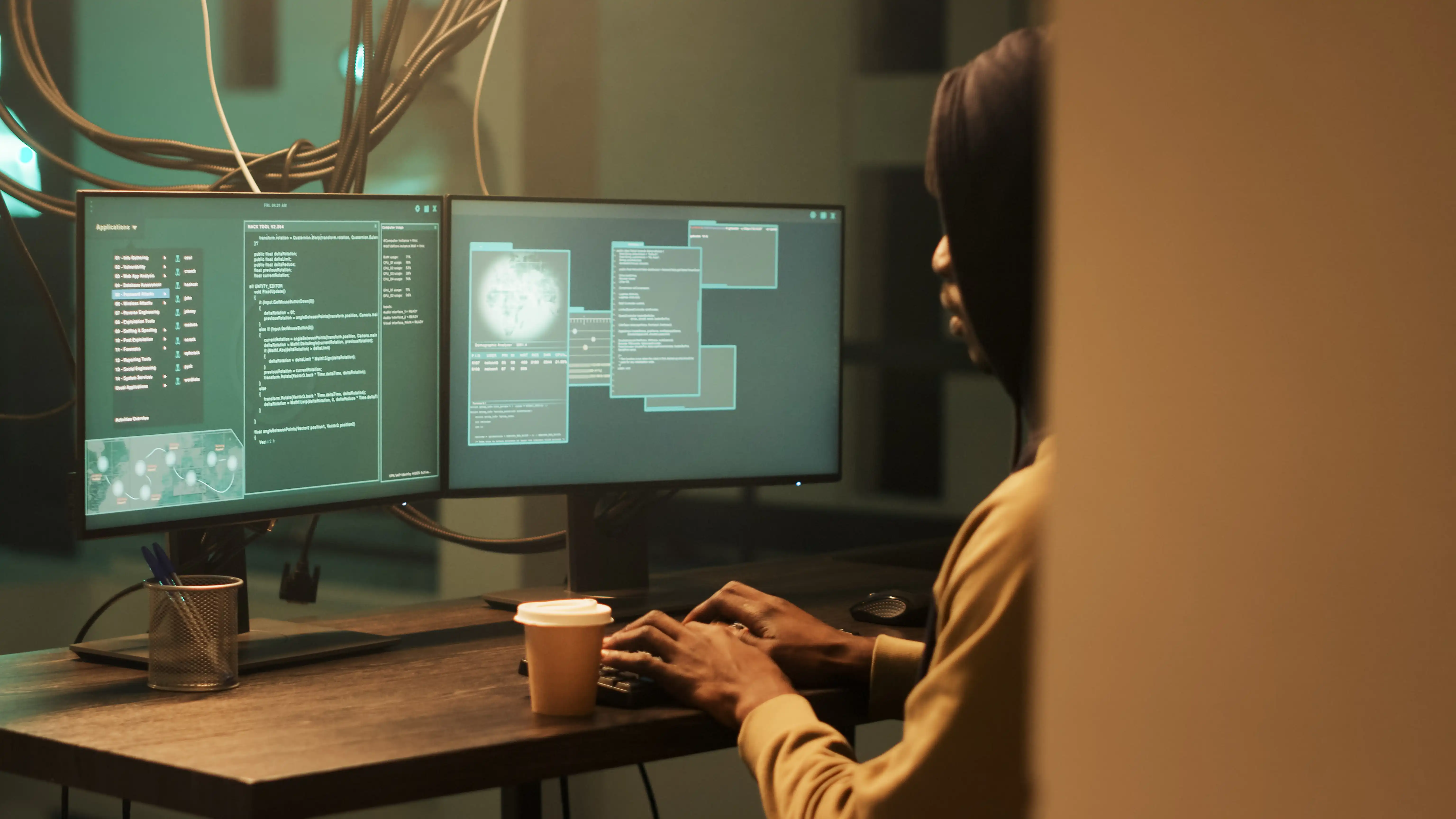 Woman coding on two laptop screens