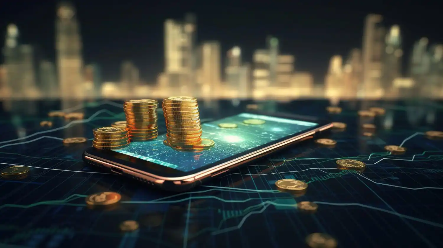 Coins and smartphone in a virtual environment representing digital financial transactions