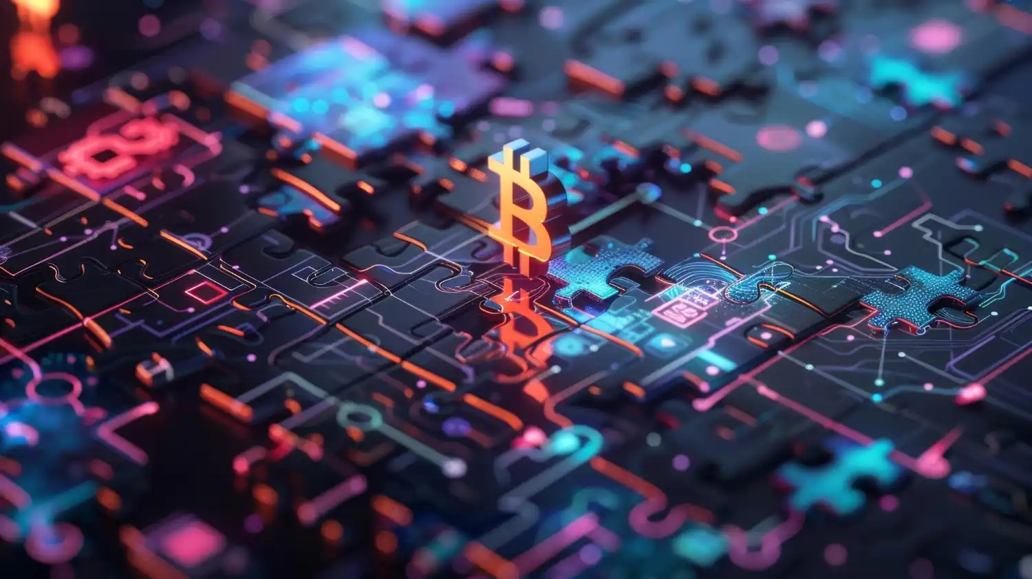 A puzzle piece depicting a digital blockchain network interconnecting with other pieces