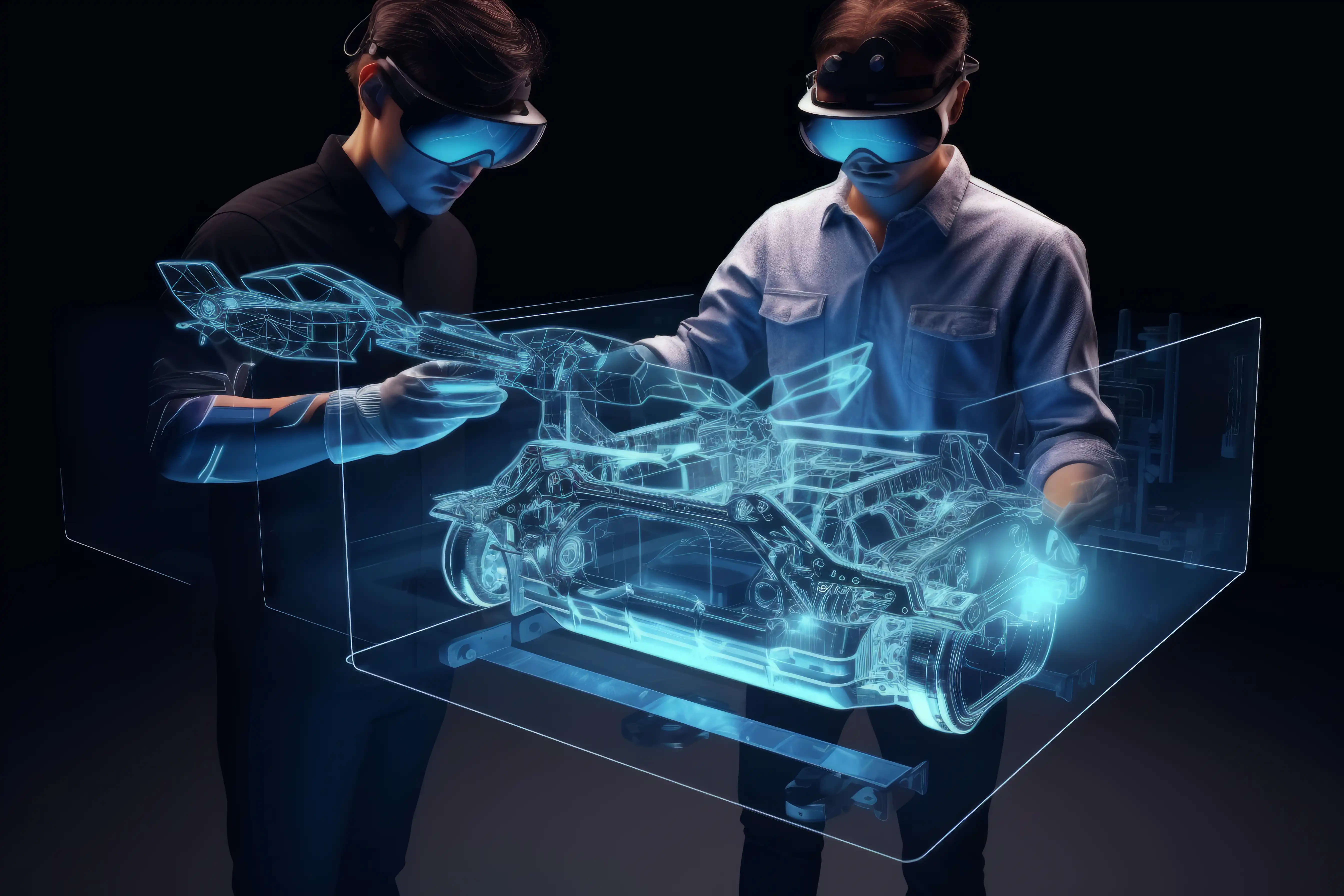 Men discussing automobile data wearing AI glasses