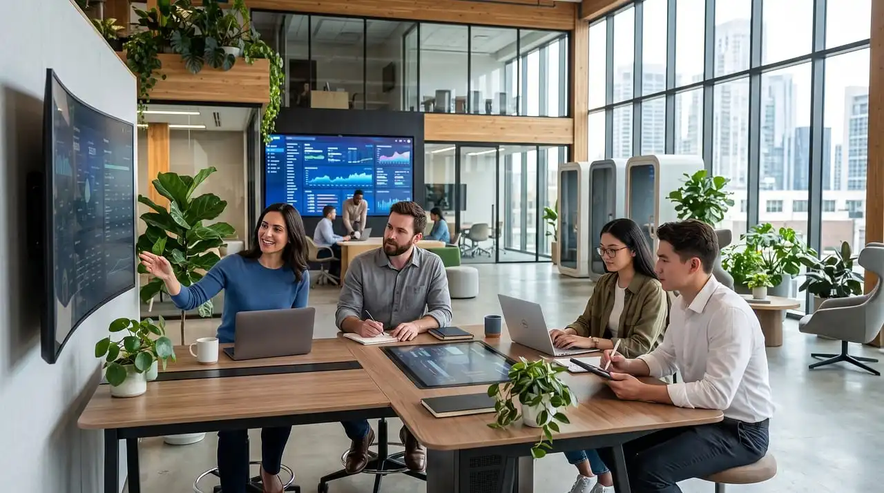 Colleagues collaborating around a laptop in a modern office