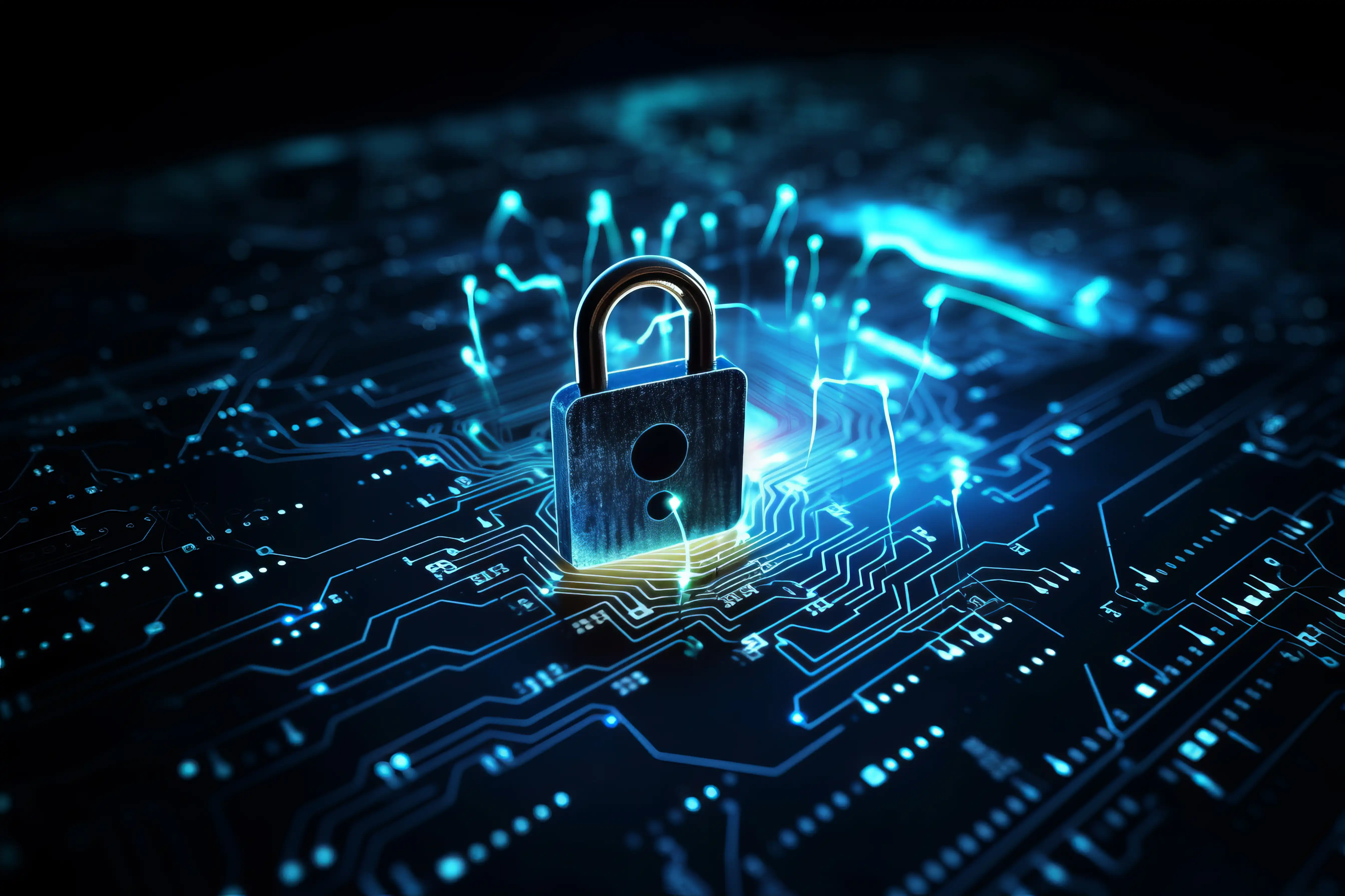 padlock icon hovering over blue lines of tech interface
