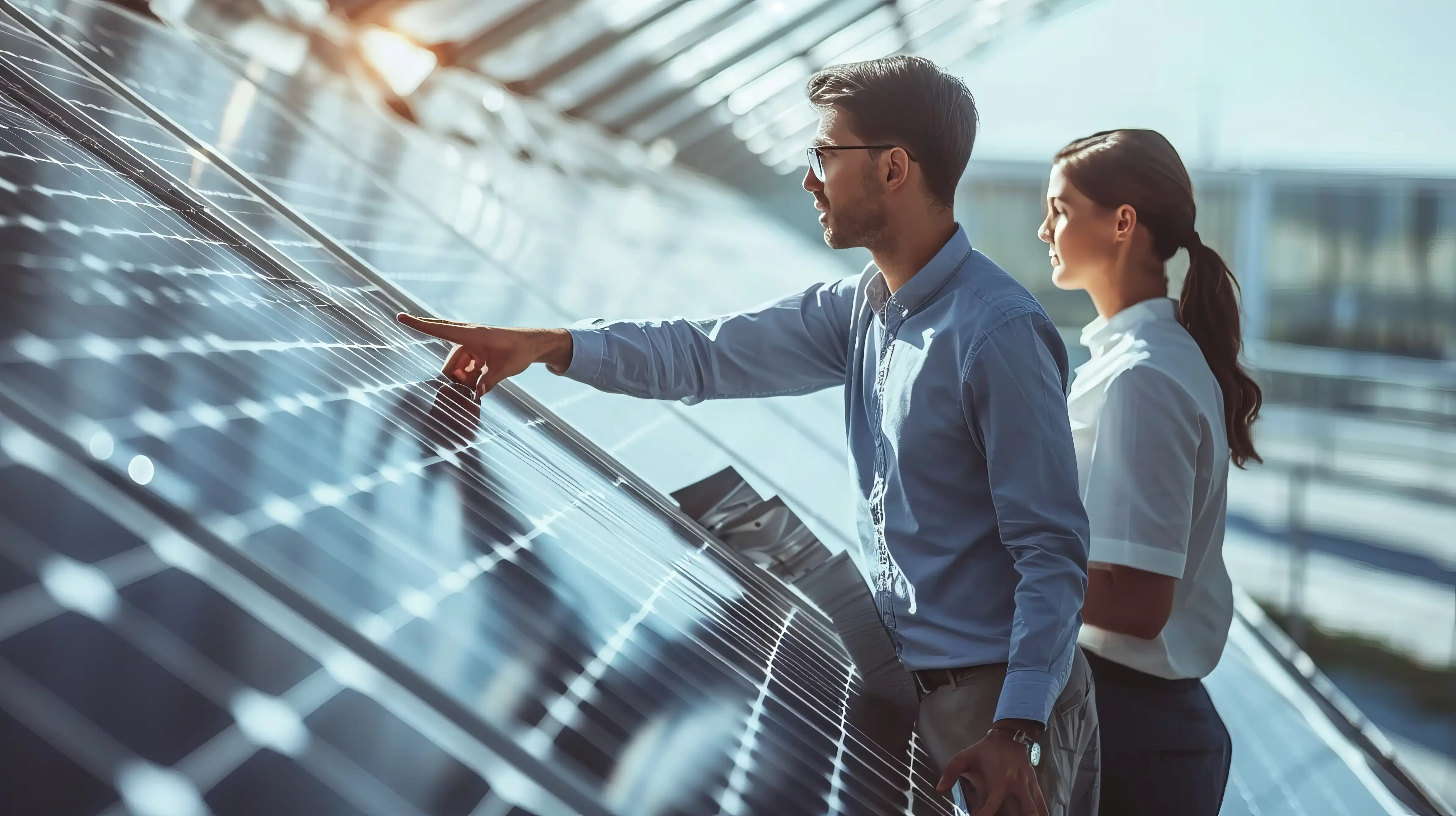 a man and a woman looking at solar panels