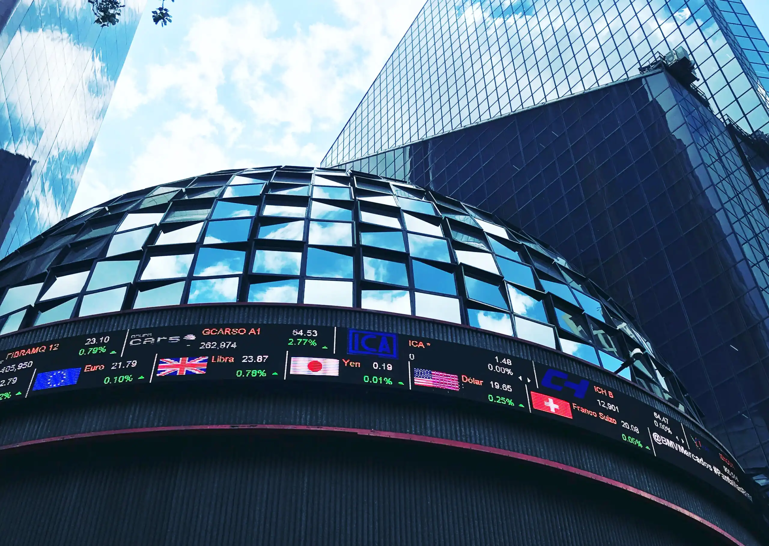 dome like building showcasing stock strends besides a skyscraper