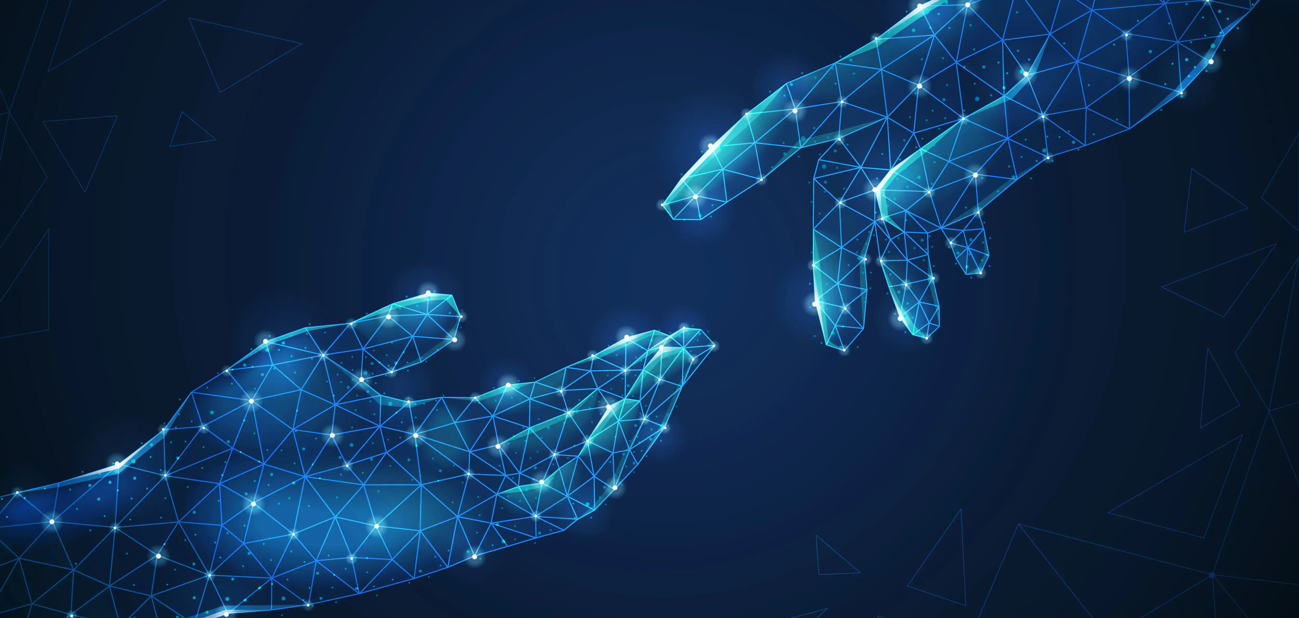 blue networks forming two hands reaching out to each other
