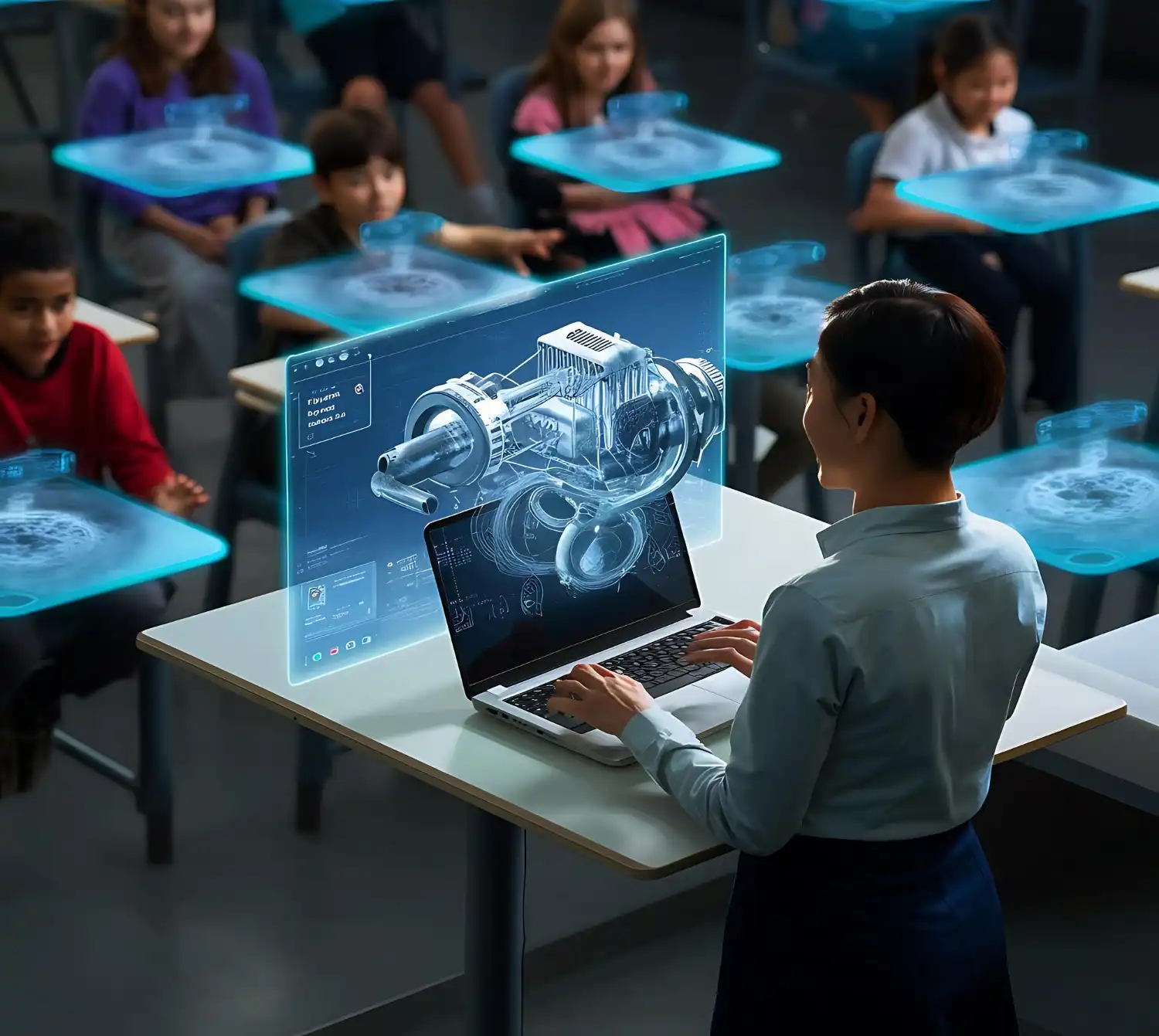 Teacher using laptop in classroom