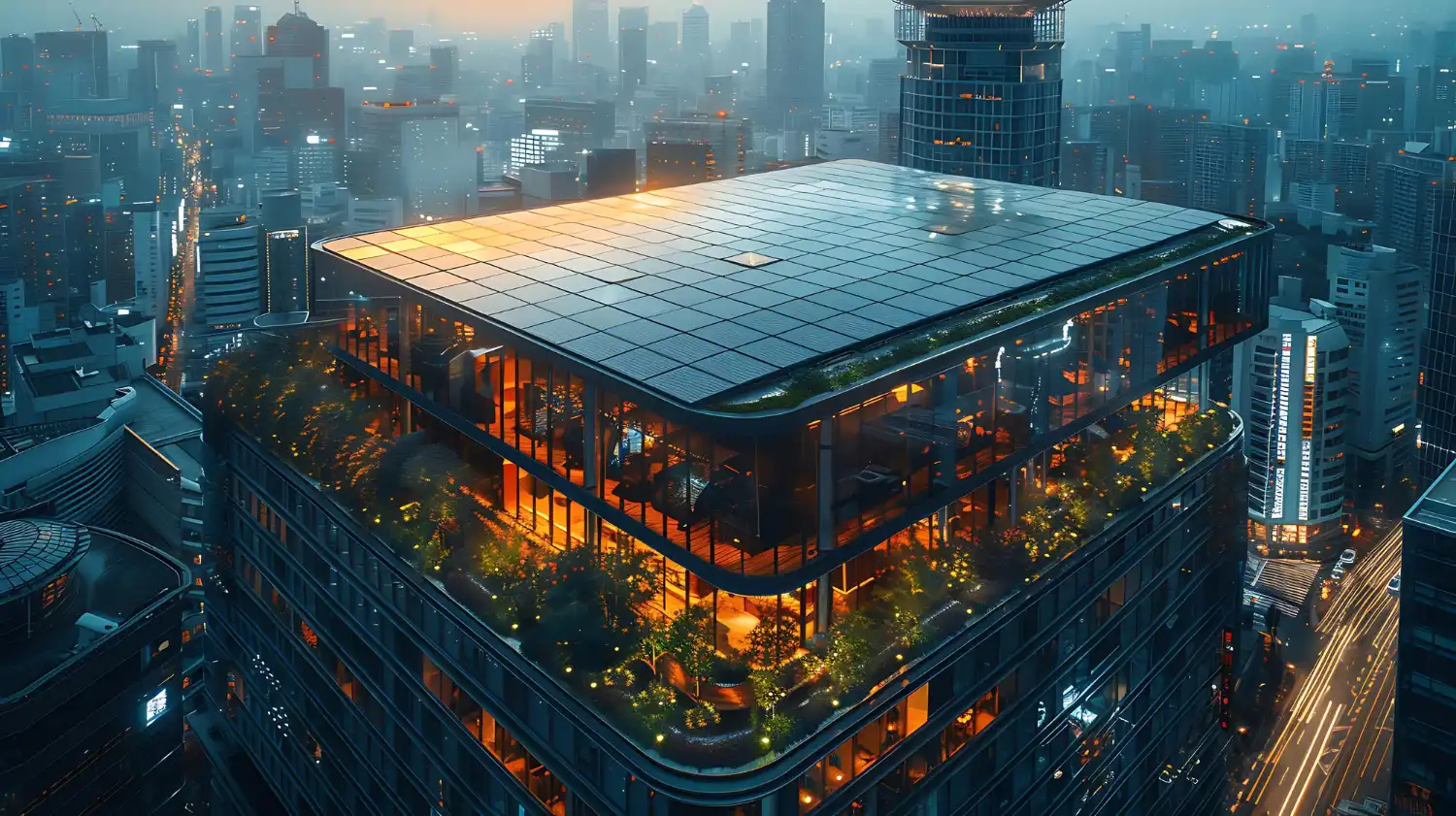Solar panel integrated into roof of contemporary office building bustling city center surrounded