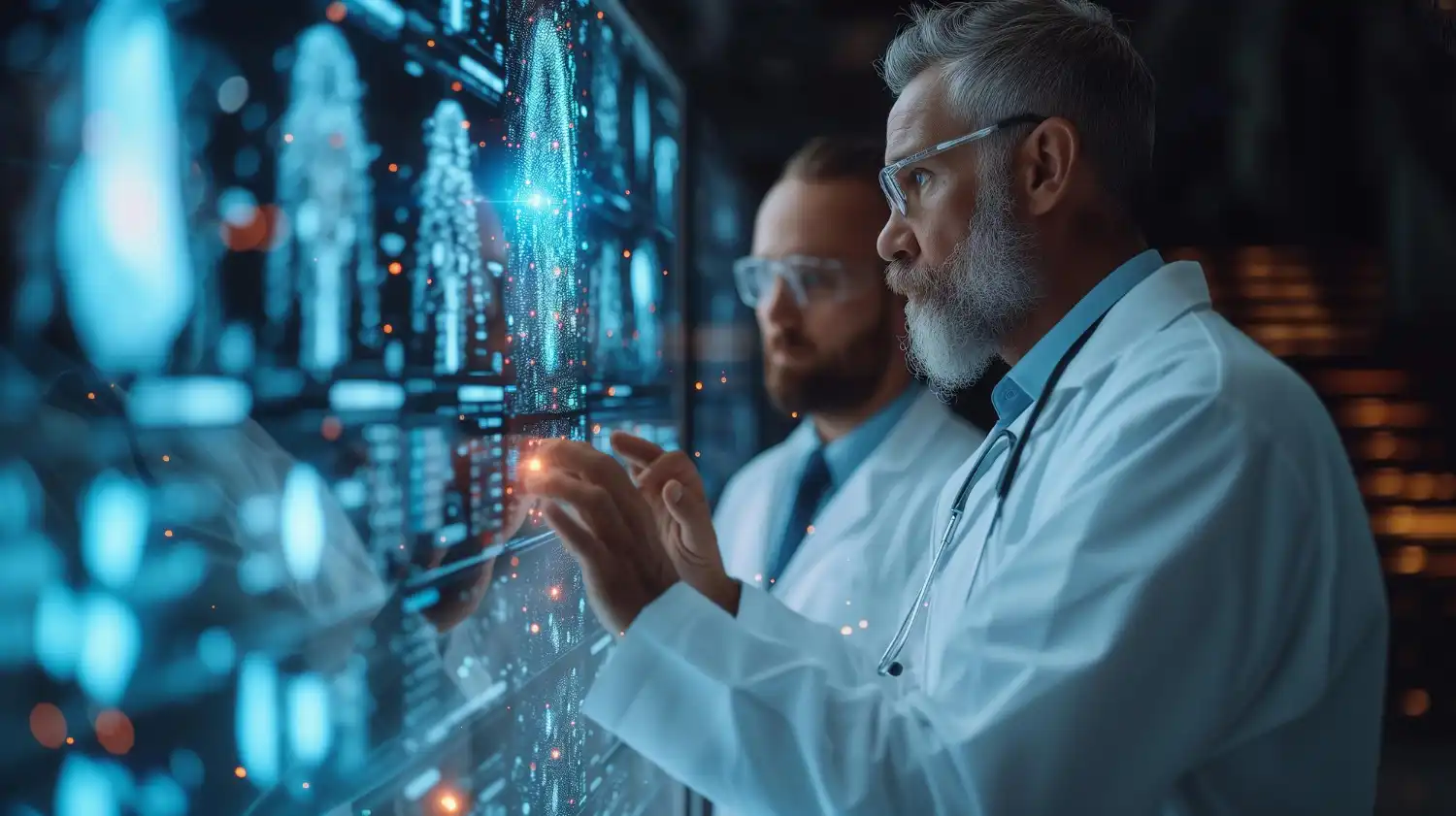 Medical professionals analyzing holographic data