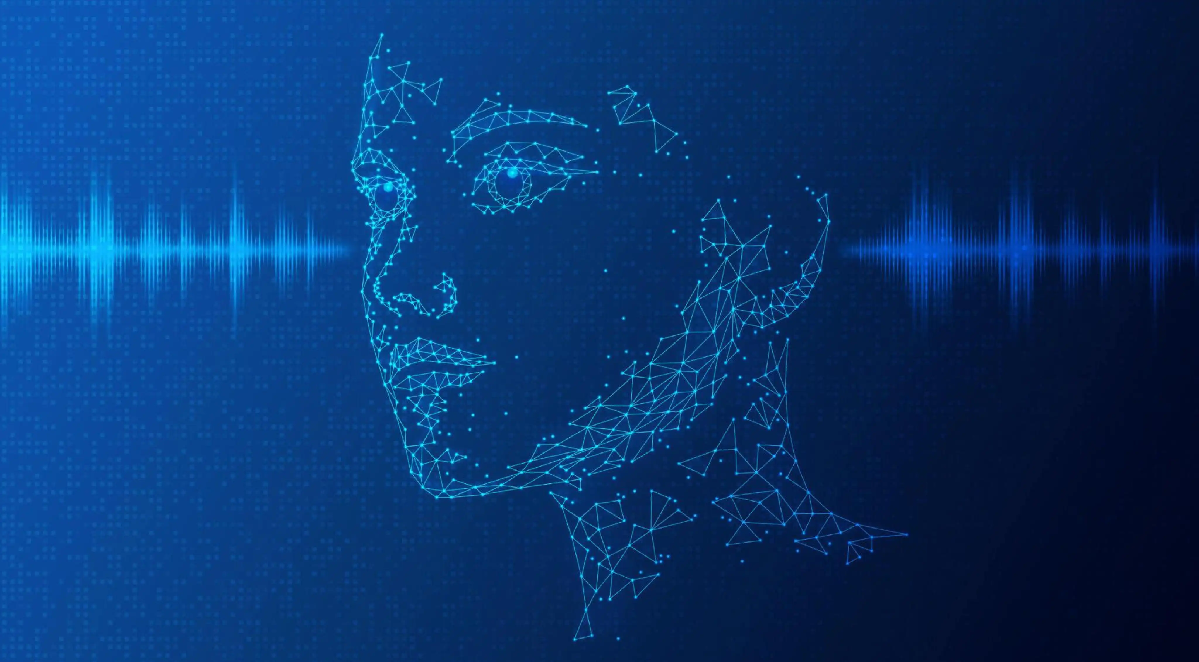 A wireframe digital face with audio waves