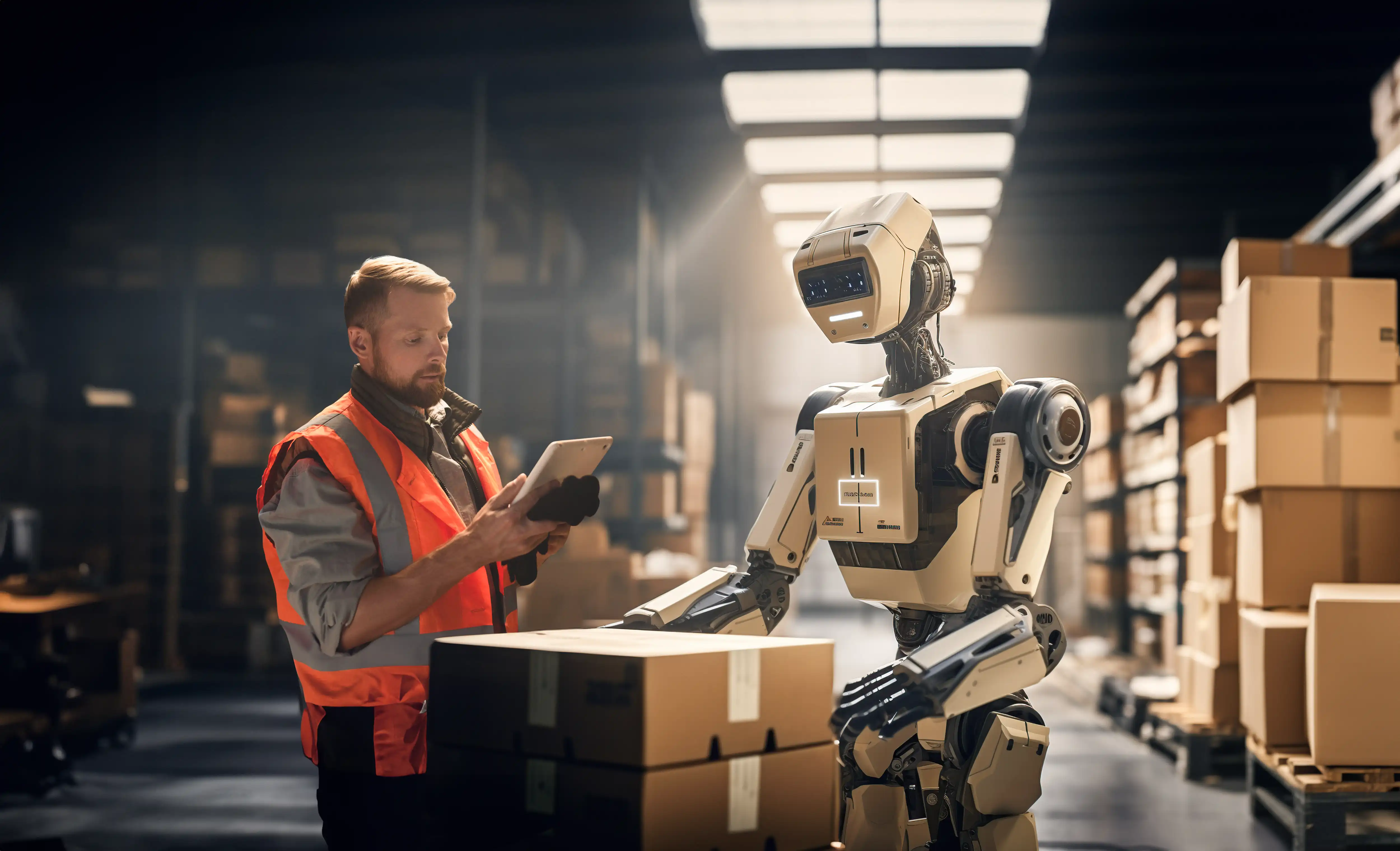 man working in storage warehouse viewing tablet while robot transporting packages walks past