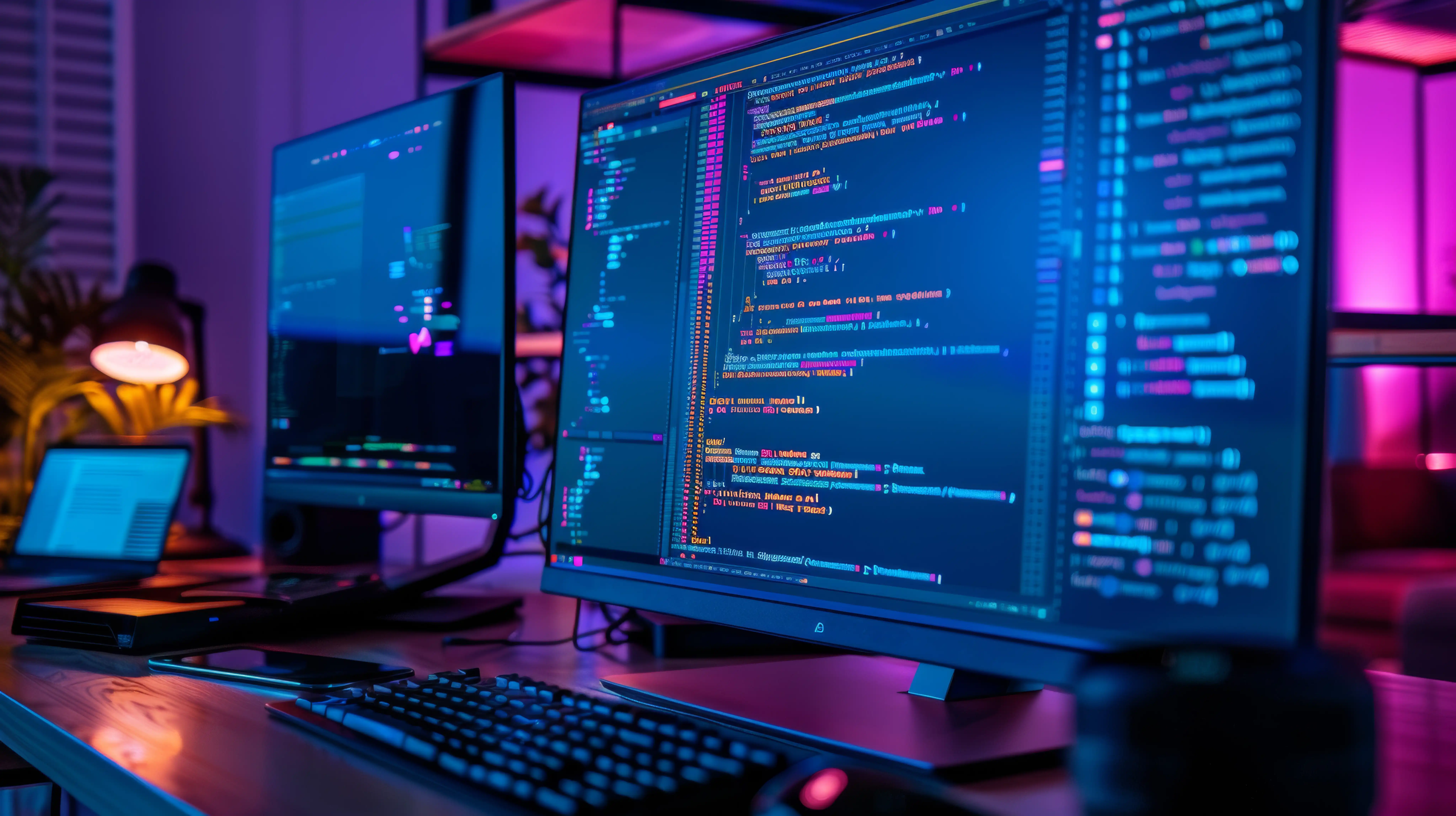 Software development icons on a blue digital background